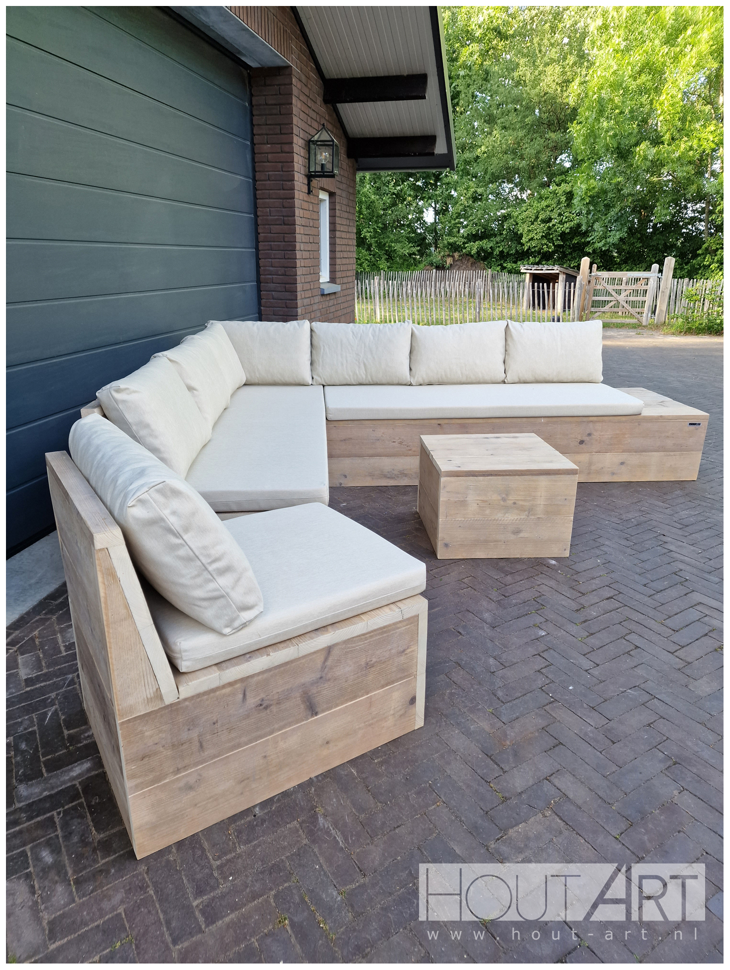Loungestoel steigerhout dichte onderkant van Hout-Art. tuinmeubel, loungeset, gebruikt hout, loungebank, hocker, bijzettafel, houtart.