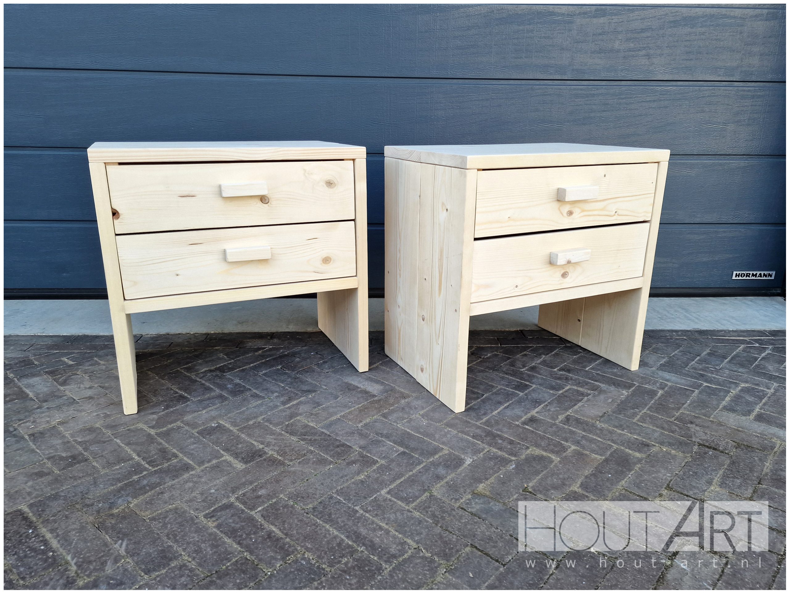 Nachtkastje omgekeerde u met lades steigerhout van Hout-Art. Slaapkamer, bed, bedden, slapen, kastje, blok, houtart.