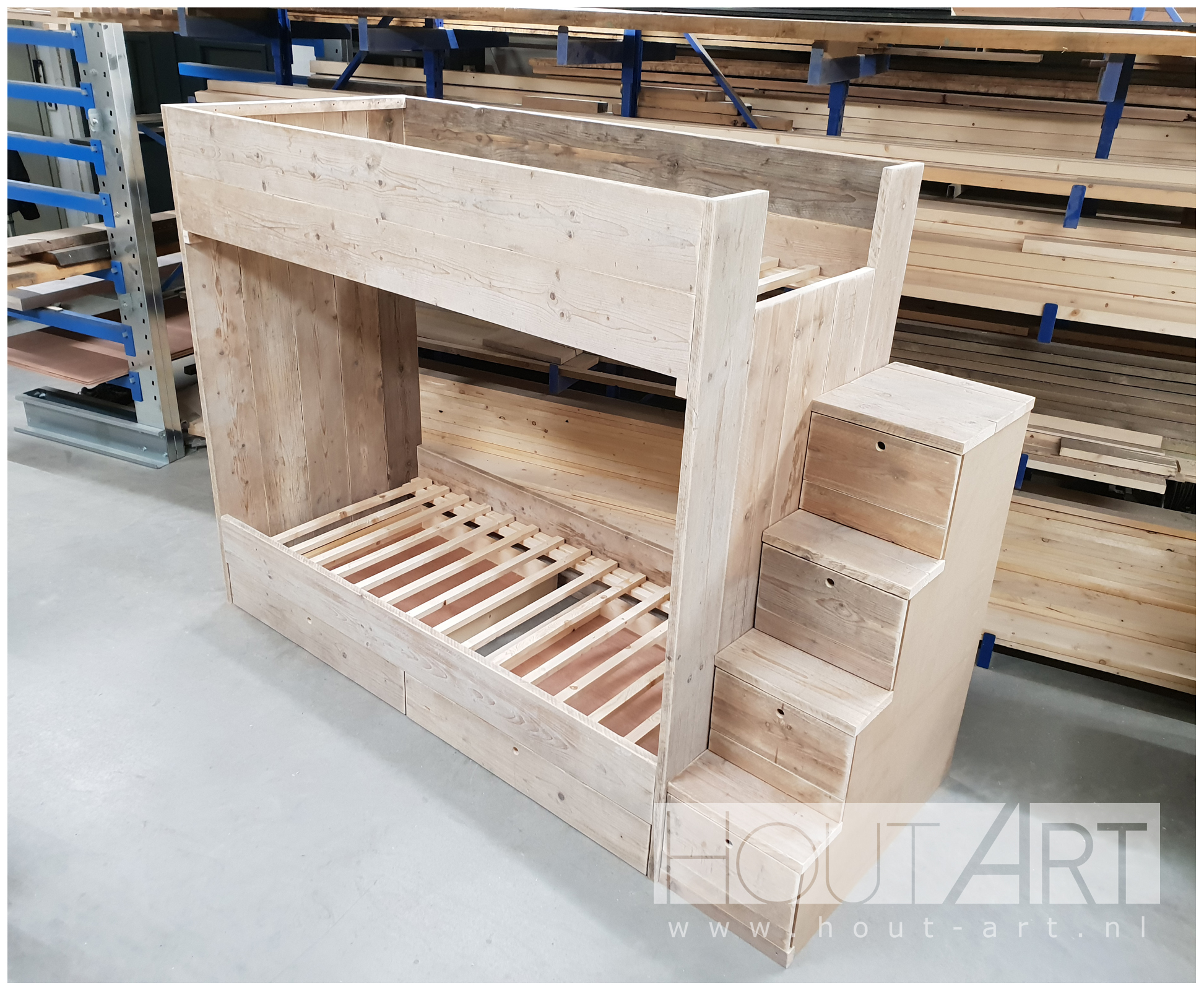Stapelbed steigerhout trap van Hout-Art. slapen, slaapkamer, kinderkamer, stapelbedden, speelkamer, huisje, houtart.