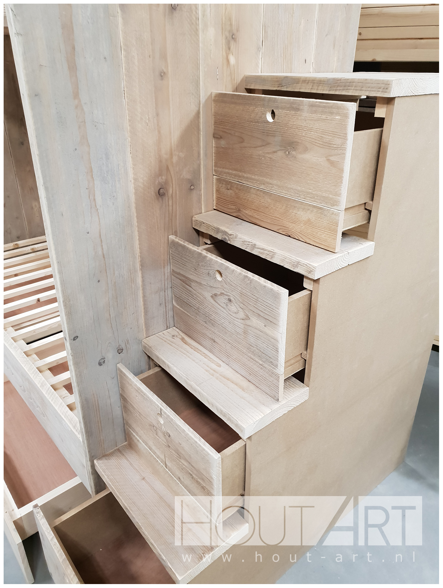 Stapelbed steigerhout trap van Hout-Art. slapen, slaapkamer, kinderkamer, stapelbedden, speelkamer, huisje, houtart.