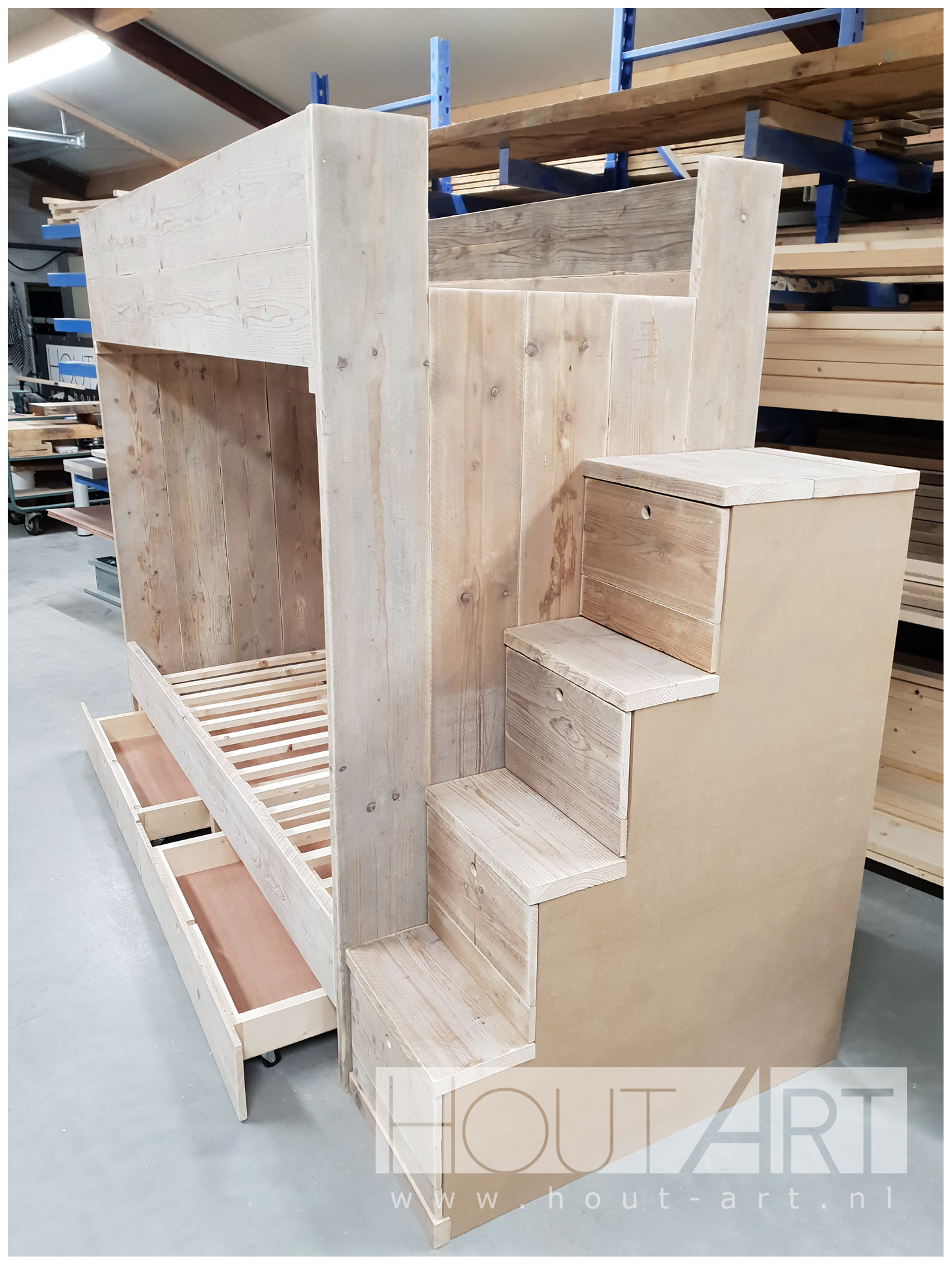 Stapelbed steigerhout trap van Hout-Art. slapen, slaapkamer, kinderkamer, stapelbedden, speelkamer, huisje, houtart.