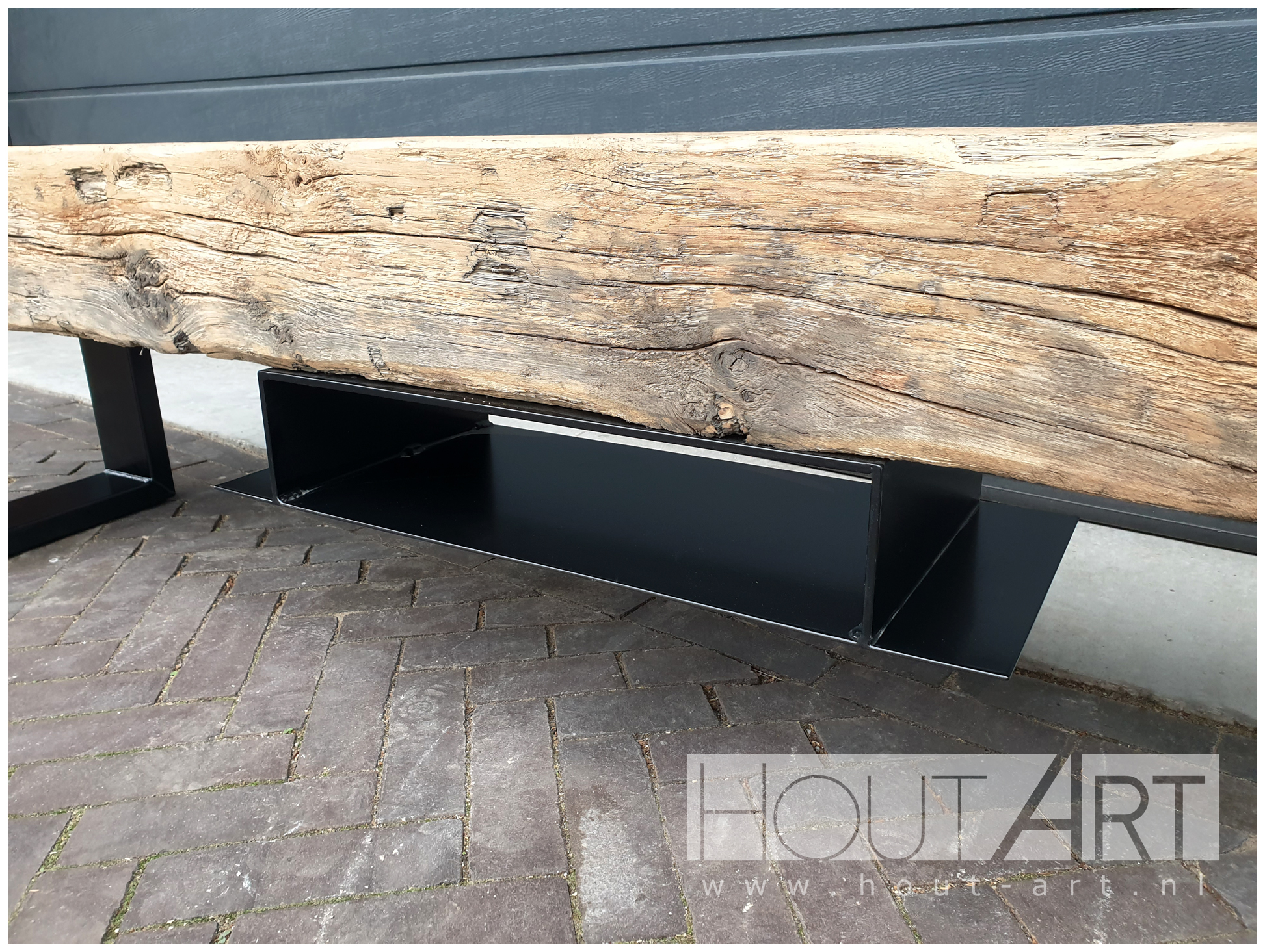 tv-meubel stalen u-poot audioplaat oud eiken spoorbiels Hout-Art. industrieel, modern, legplank, balk, spoorbiels, houtart.