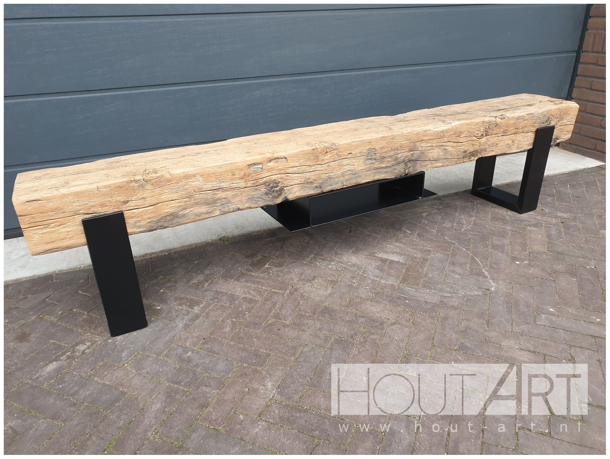 tv-meubel stalen u-poot audioplaat oud eiken spoorbiels Hout-Art. industrieel, modern, legplank, balk, spoorbiels, houtart.