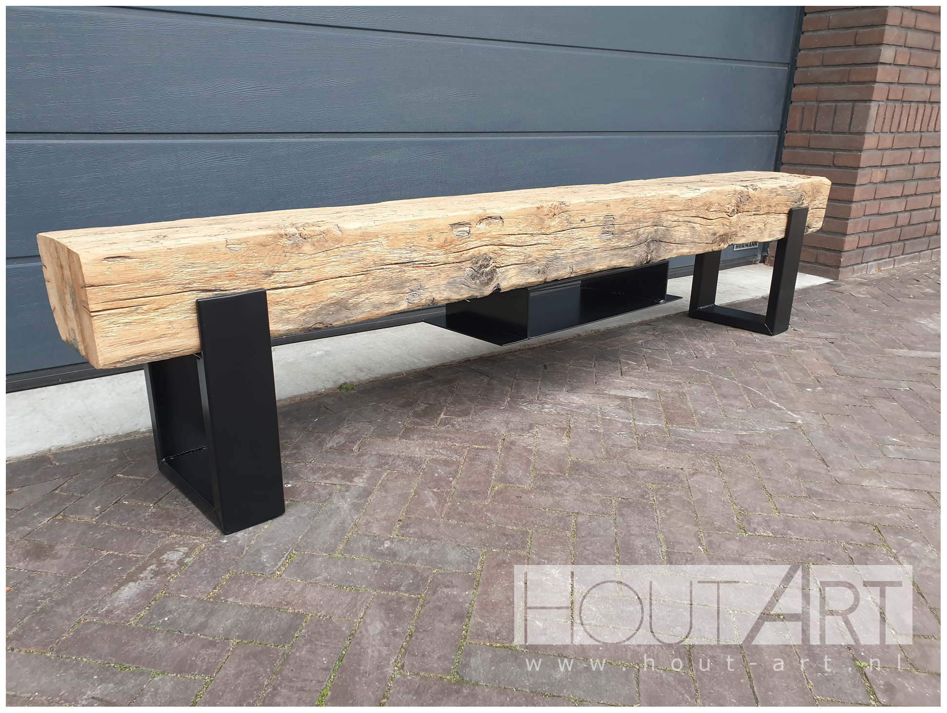 tv-meubel stalen u-poot audioplaat oud eiken spoorbiels Hout-Art. industrieel, modern, legplank, balk, spoorbiels, houtart.