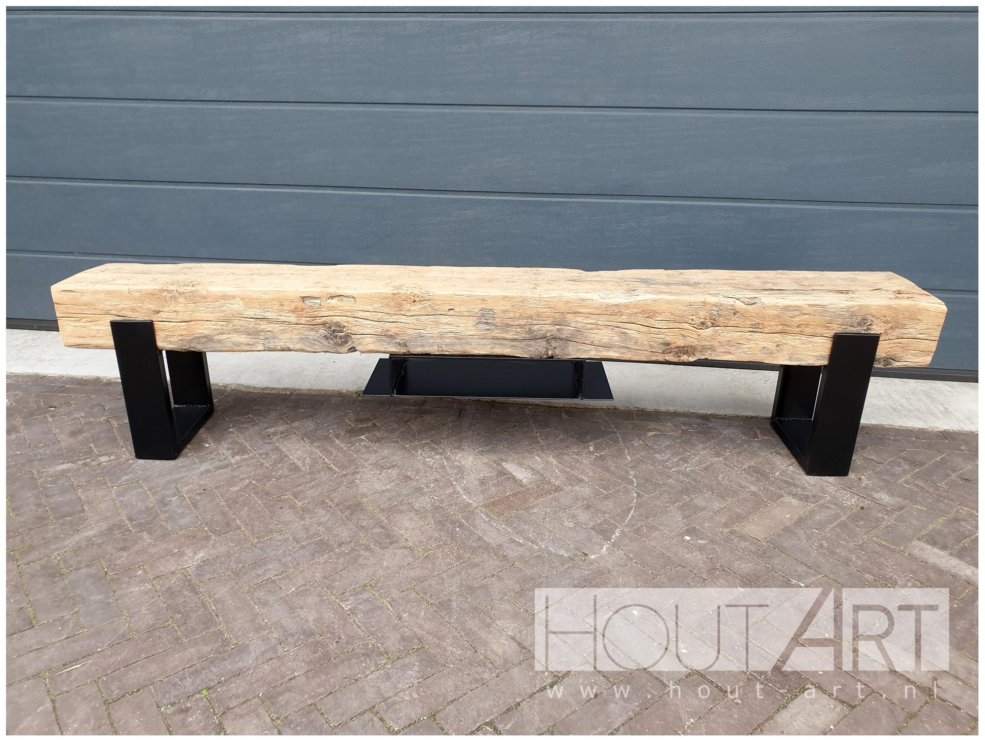 tv-meubel stalen u-poot audioplaat oud eiken spoorbiels Hout-Art. industrieel, modern, legplank, balk, spoorbiels, houtart.