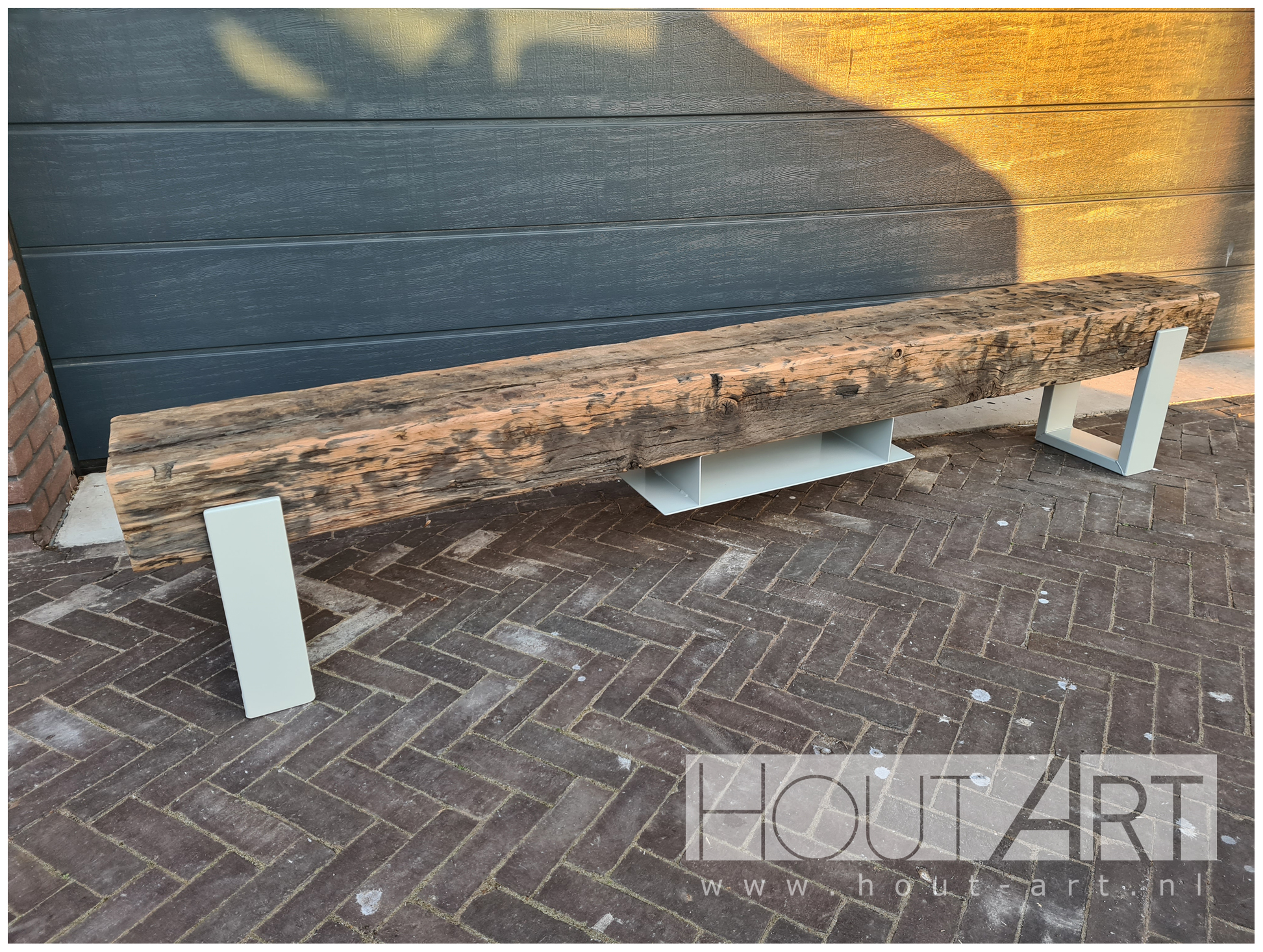 tv-meubel stalen u-poot audioplaat oud eiken spoorbiels Hout-Art. industrieel, modern, legplank, balk, spoorbiels, houtart.