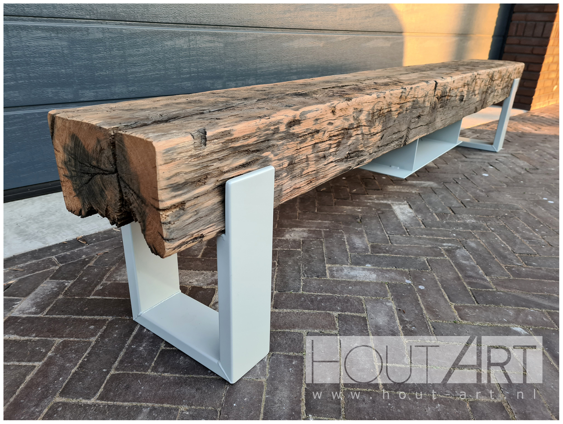 tv-meubel stalen u-poot audioplaat oud eiken spoorbiels Hout-Art. industrieel, modern, legplank, balk, spoorbiels, houtart.