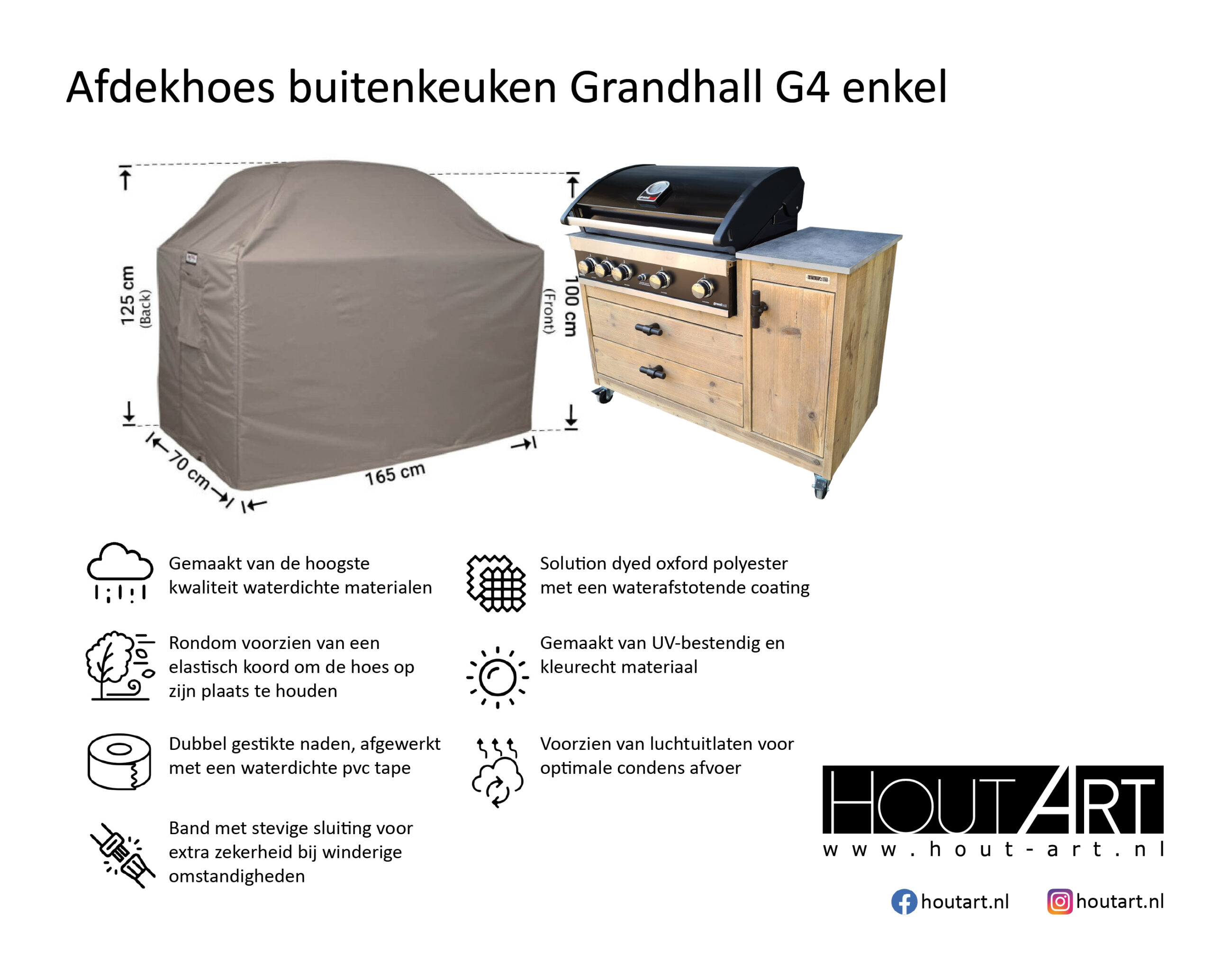 Afdekhoes Buitenkeuken Grandhall G4 en G5 Maxim en Elite enkel voor je steigerhouten buitenkeuken van Hout-Art.