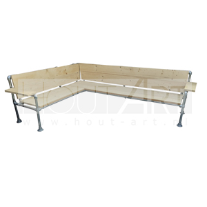 Hoek loungebank steigerbuis met steigerhout incl. armleuningen