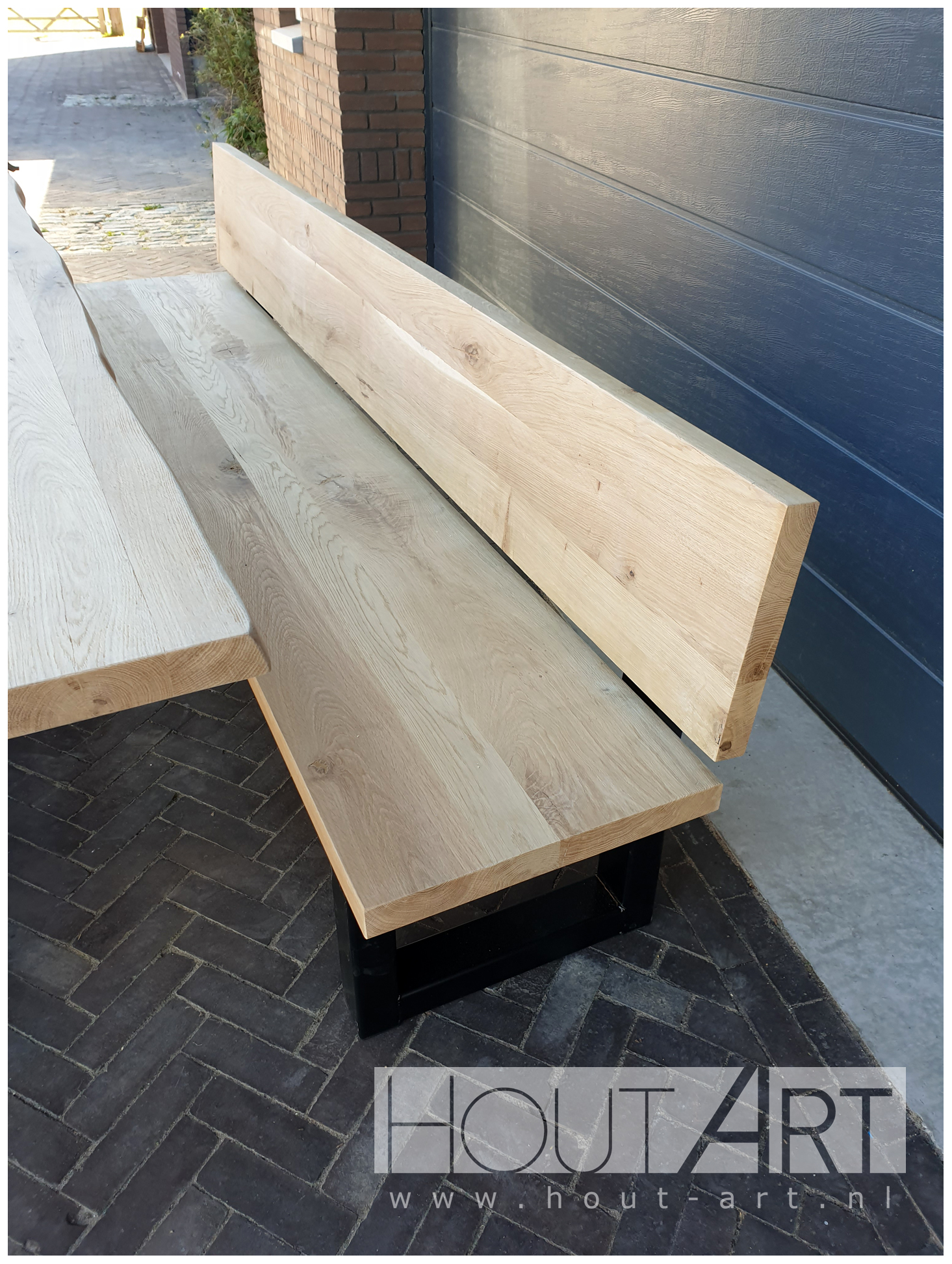 Bank u-poot rugleuning staal met massief eiken van Hout-Art.