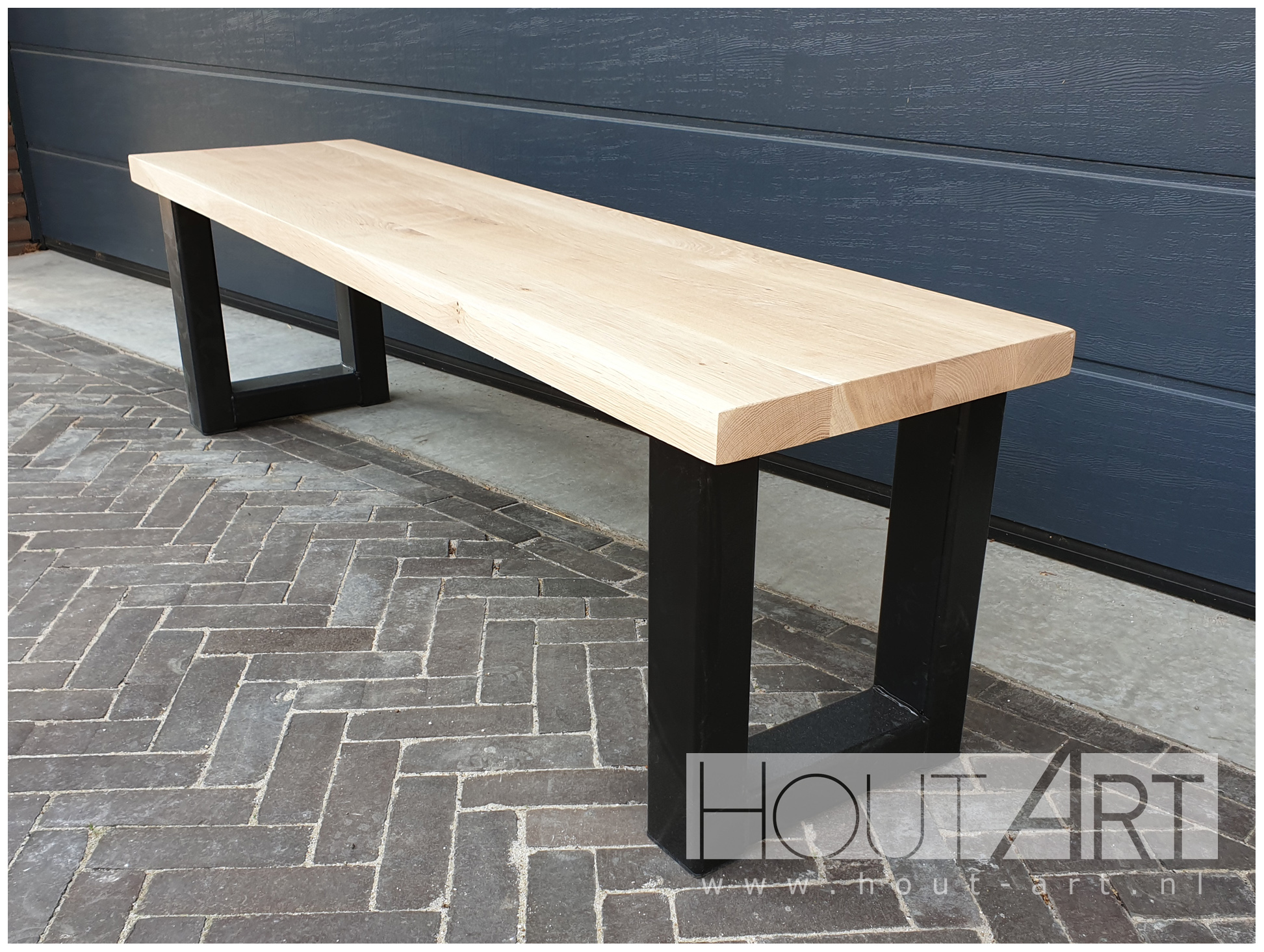 Bank u-poot staal met massief eiken van Hout-Art.