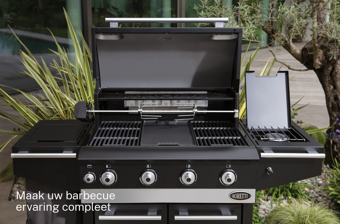 Draaispit elektrisch BBQ boretti Ibrido of Ligorio top BBA6 van Hout-Art.