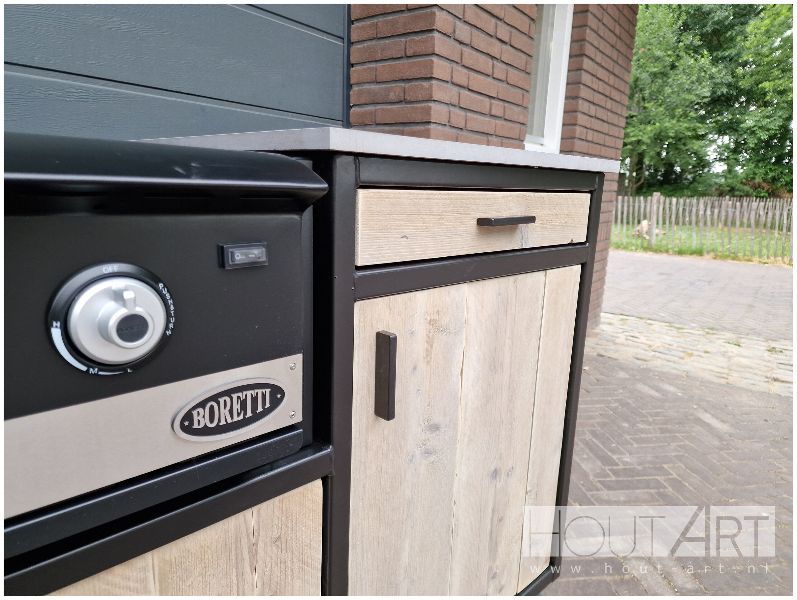 Buitenkeuken stalen frame luxe enkel voor Boretti Ligorio of Ibrido Top. staal, stalen frame, zwart gepoedercoat, handdoekrek, hout-art, houtart.