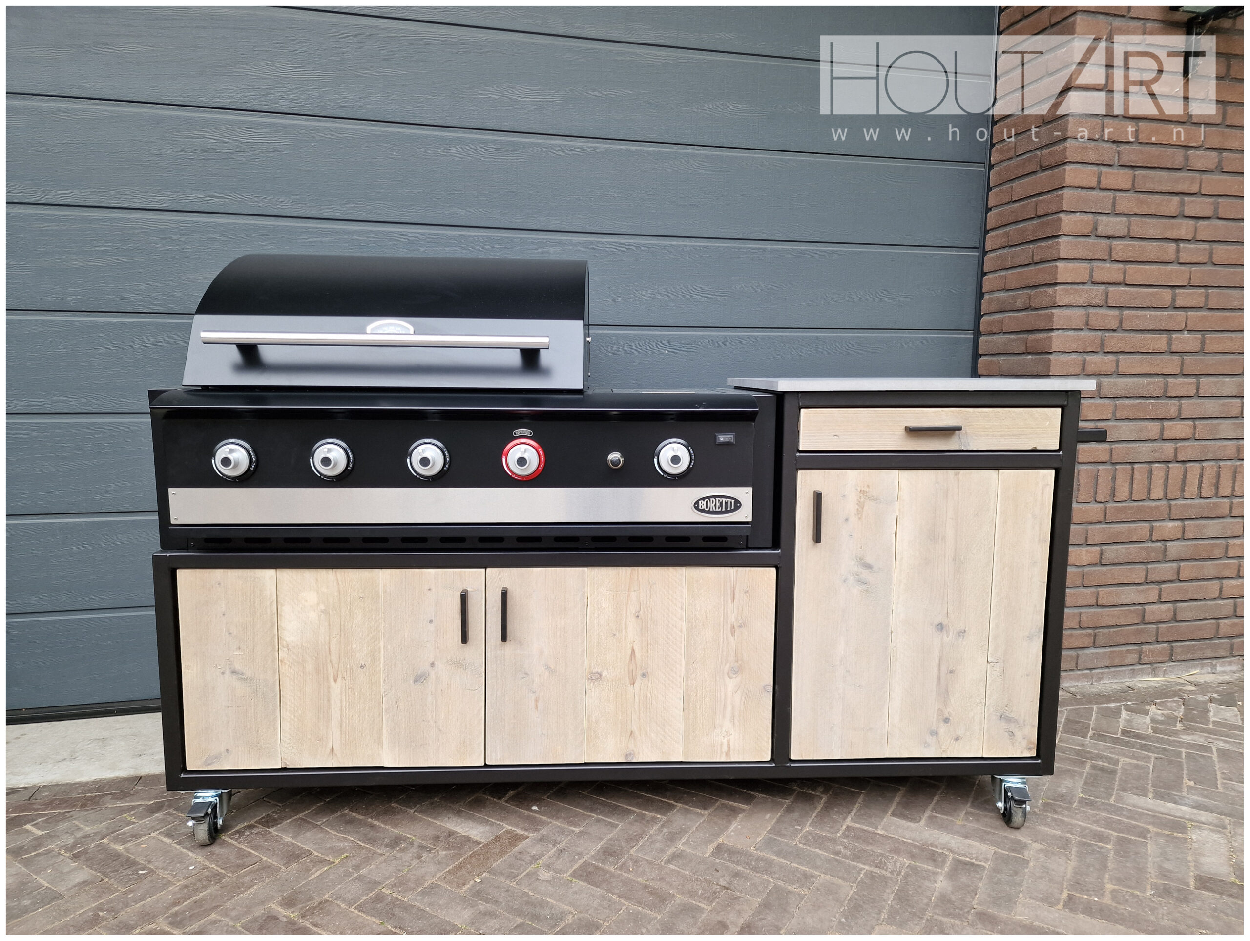 Buitenkeuken stalen frame luxe enkel voor Boretti Ligorio of Ibrido Top. staal, stalen frame, zwart gepoedercoat, handdoekrek, hout-art, houtart.