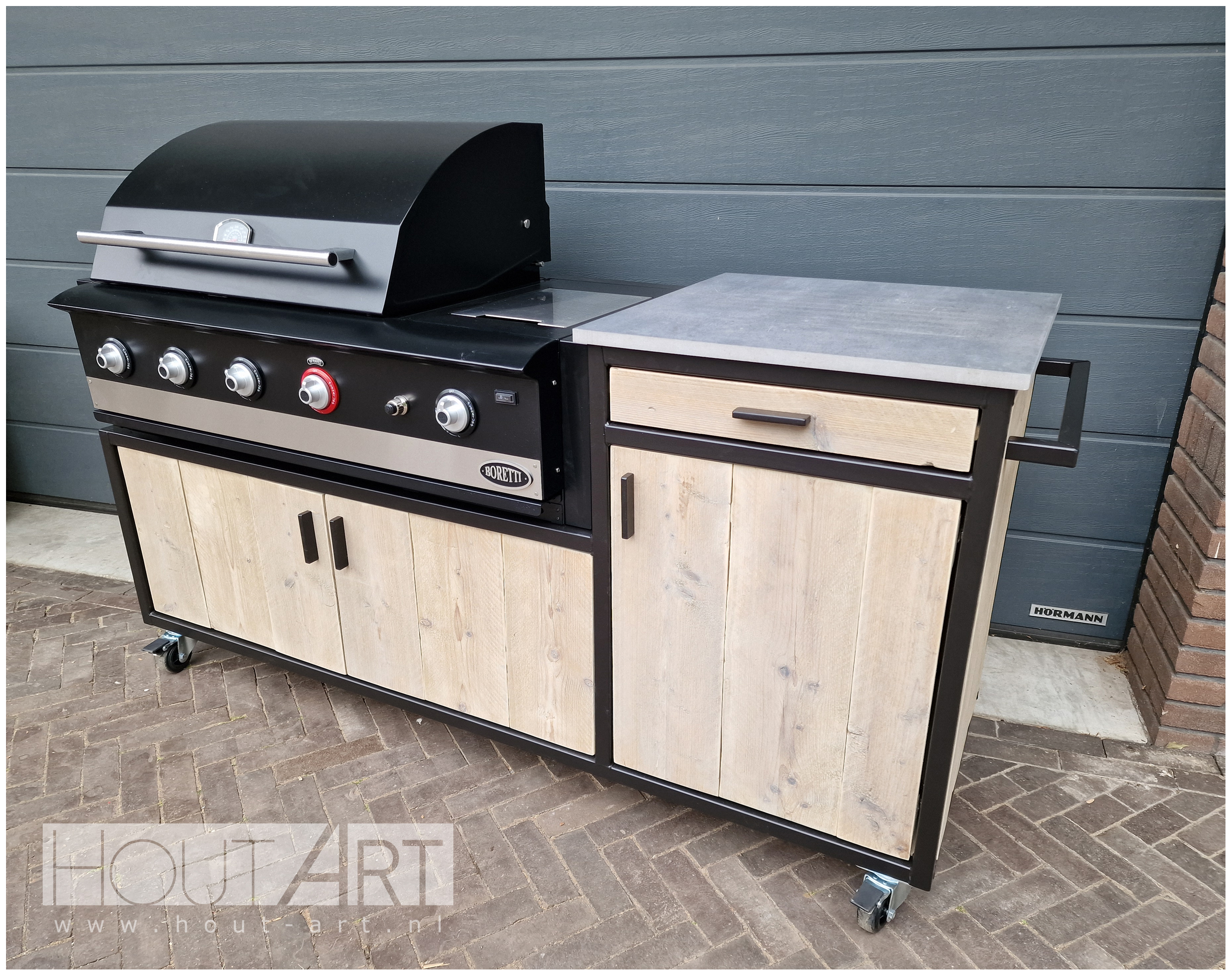 Buitenkeuken stalen frame luxe enkel voor Boretti Ligorio of Ibrido Top. staal, stalen frame, zwart gepoedercoat, handdoekrek, hout-art, houtart.