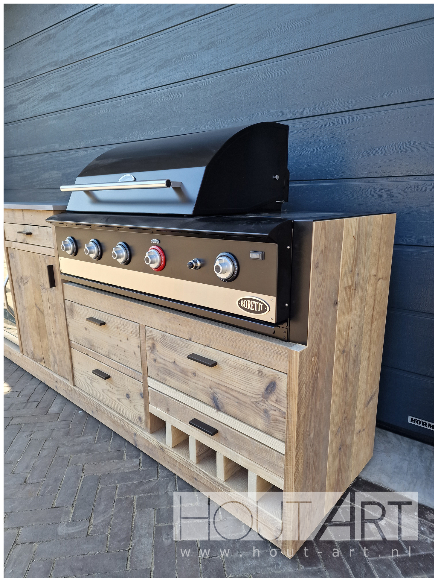 Buitenkeuken Wijn fridge asymmetrisch voor Boretti Ligorio of Ibrido Top van Hout-Art. BBQ, barbecue, wijnvakken, handgrepen, staal, frame, keramische plaat, steigerhout.