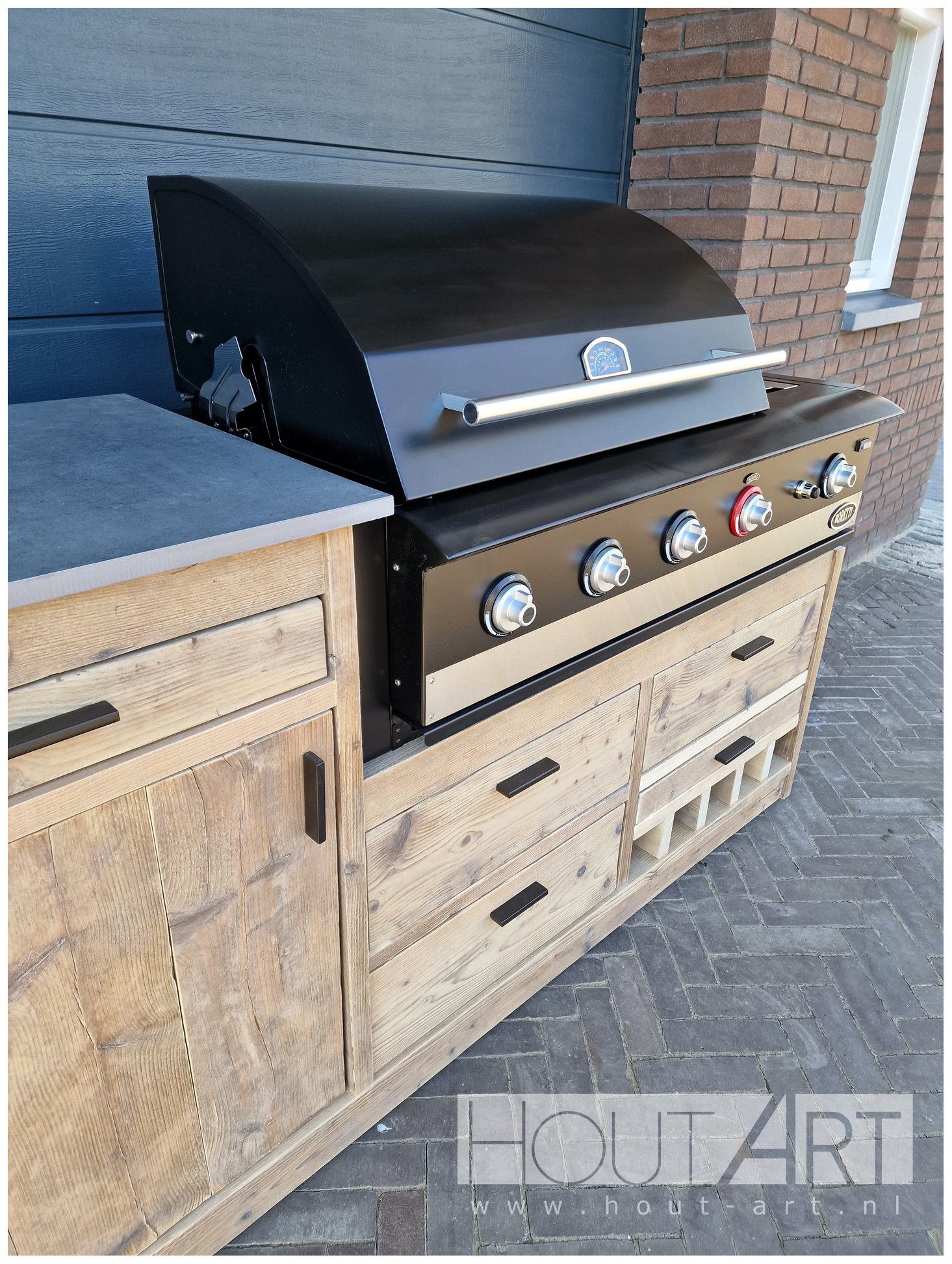 Buitenkeuken Wijn fridge asymmetrisch voor Boretti Ligorio of Ibrido Top van Hout-Art. BBQ, barbecue, wijnvakken, handgrepen, staal, frame, keramische plaat, steigerhout.