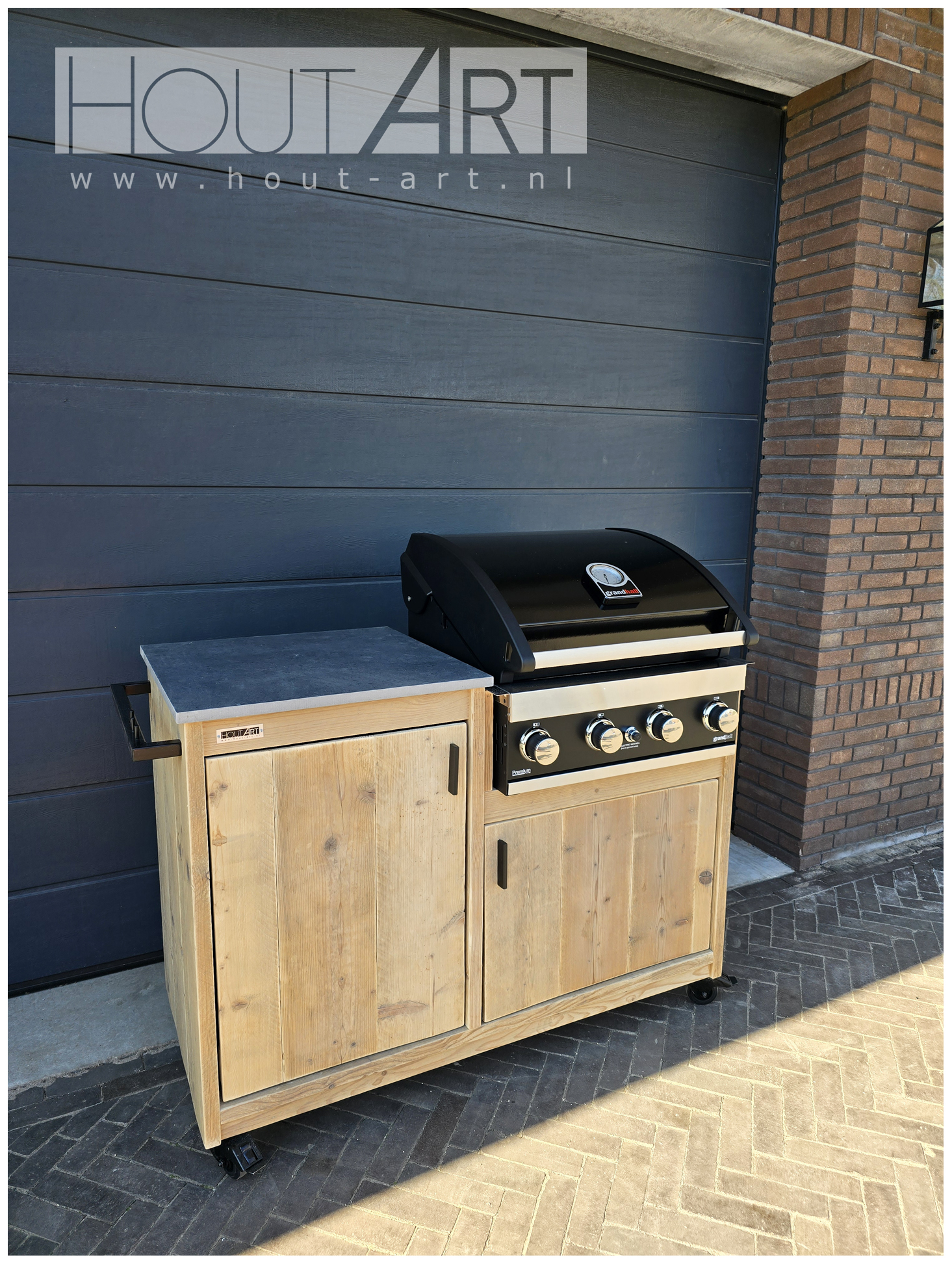 Buitenkeuken Grandhall G3 en G4 steigerhout met deuren en stalen handgreep handdoekrek BBQ van Hout-art.