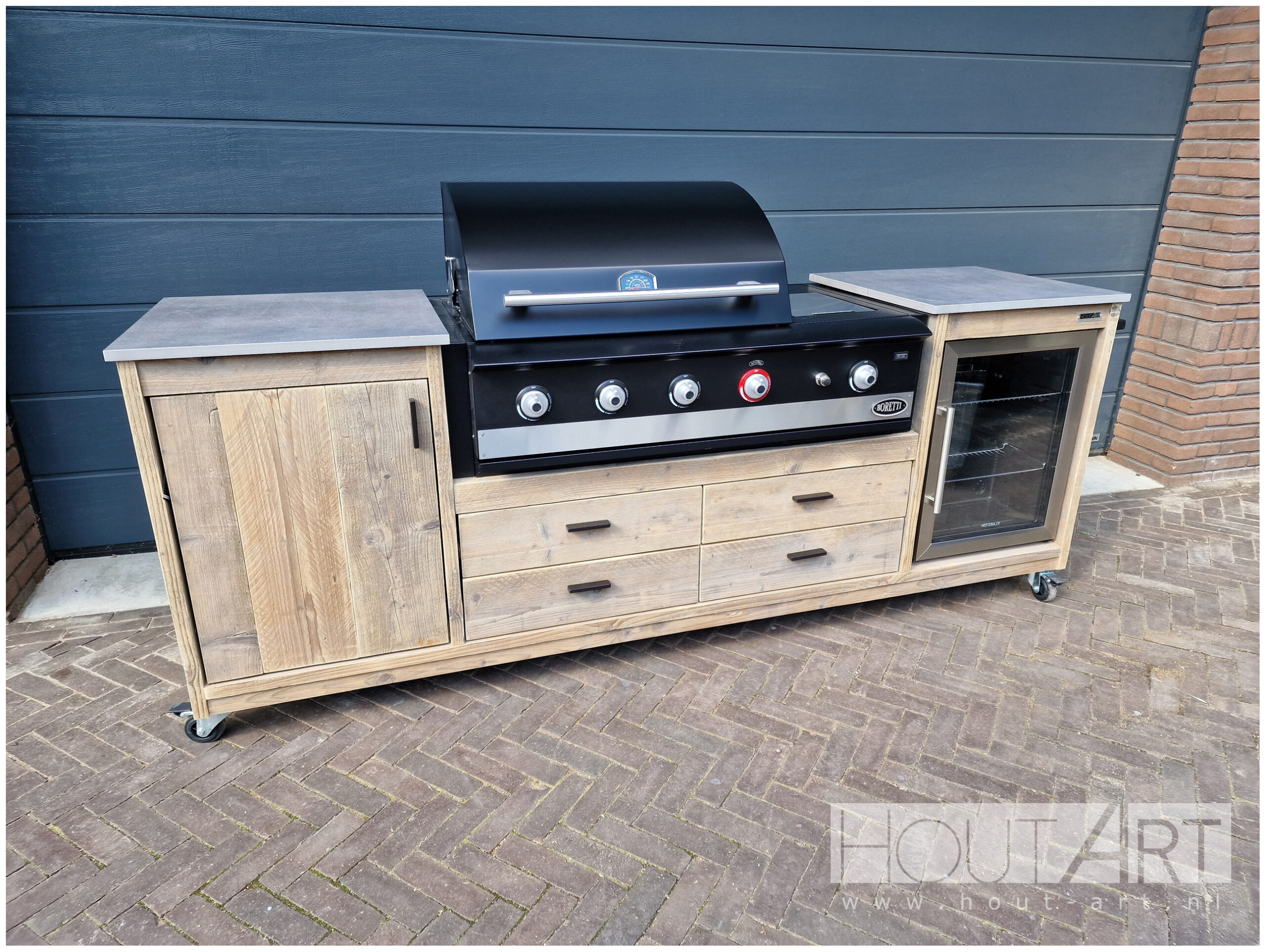 Buitenkeuken XL fridge voor Boretti Ibrido of Ligorio Top, koelkast, buitenkeukens, keuken, bbq, grill, barbecue, lades, deuren, gebruikt steigerhout, steigerhout, maatwerk, bbqlife.