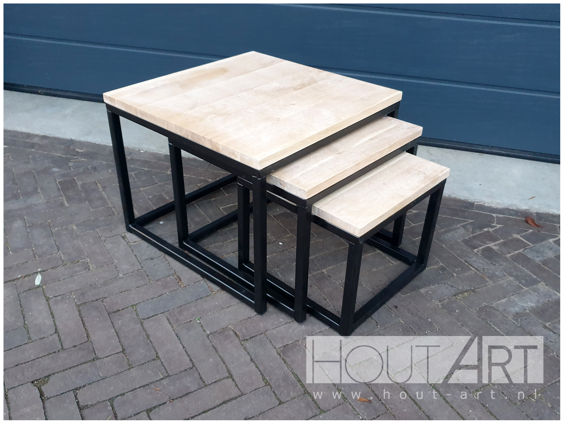 Salontafel set 3x stalen kubus frame met eiken van Hout-Art.