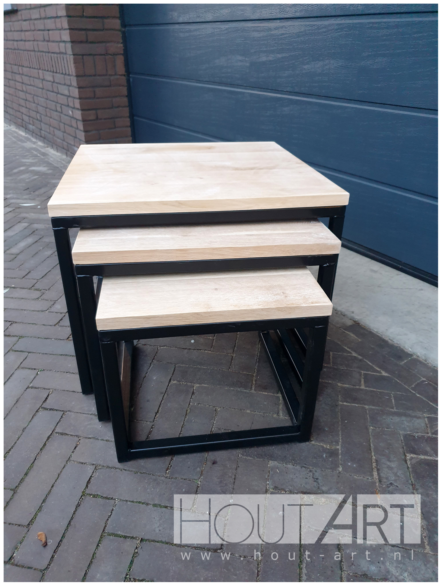 Salontafel set 3x stalen kubus frame met eiken van Hout-Art.