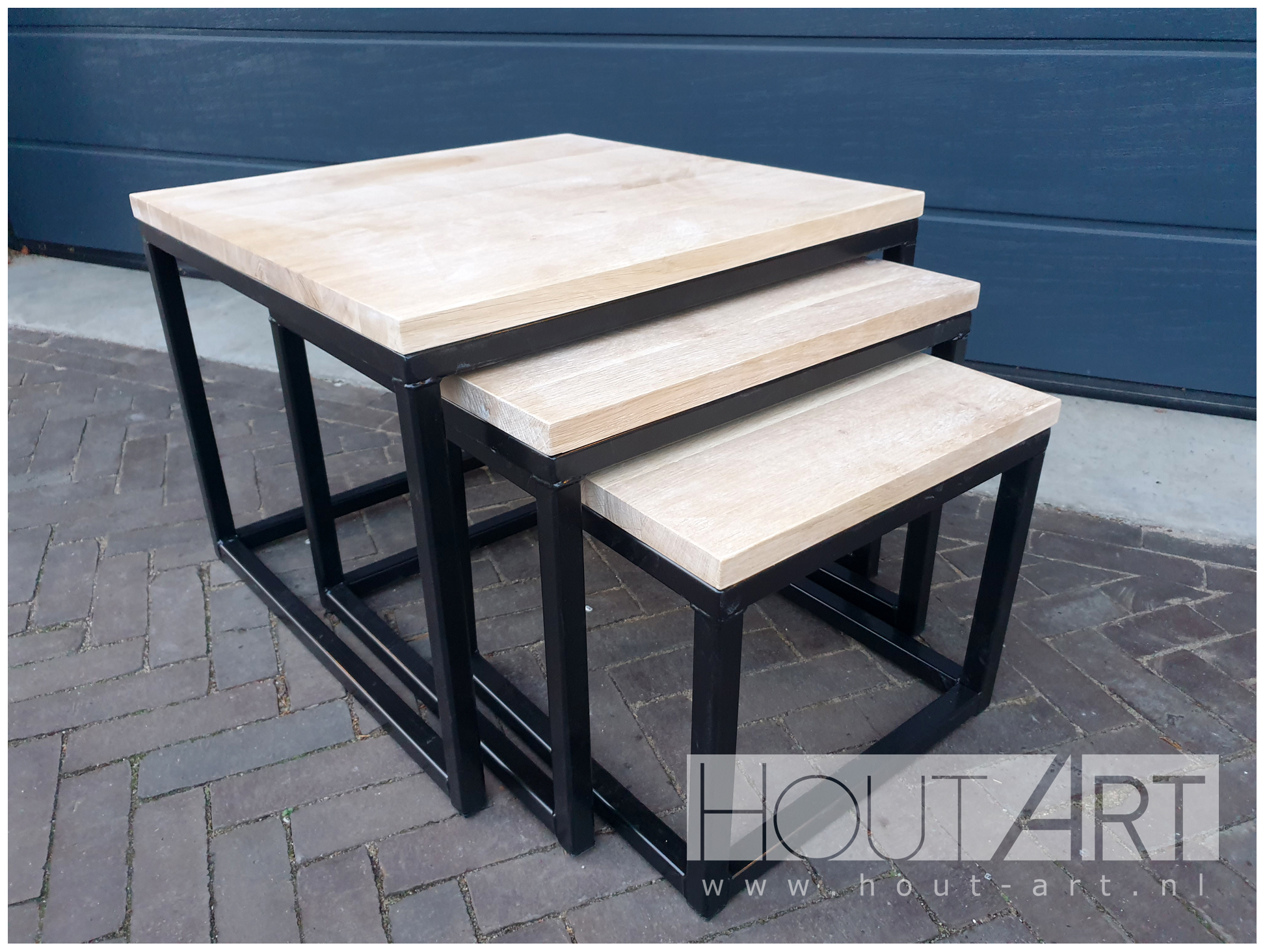 Salontafel set 3x stalen kubus frame met eiken van Hout-Art.