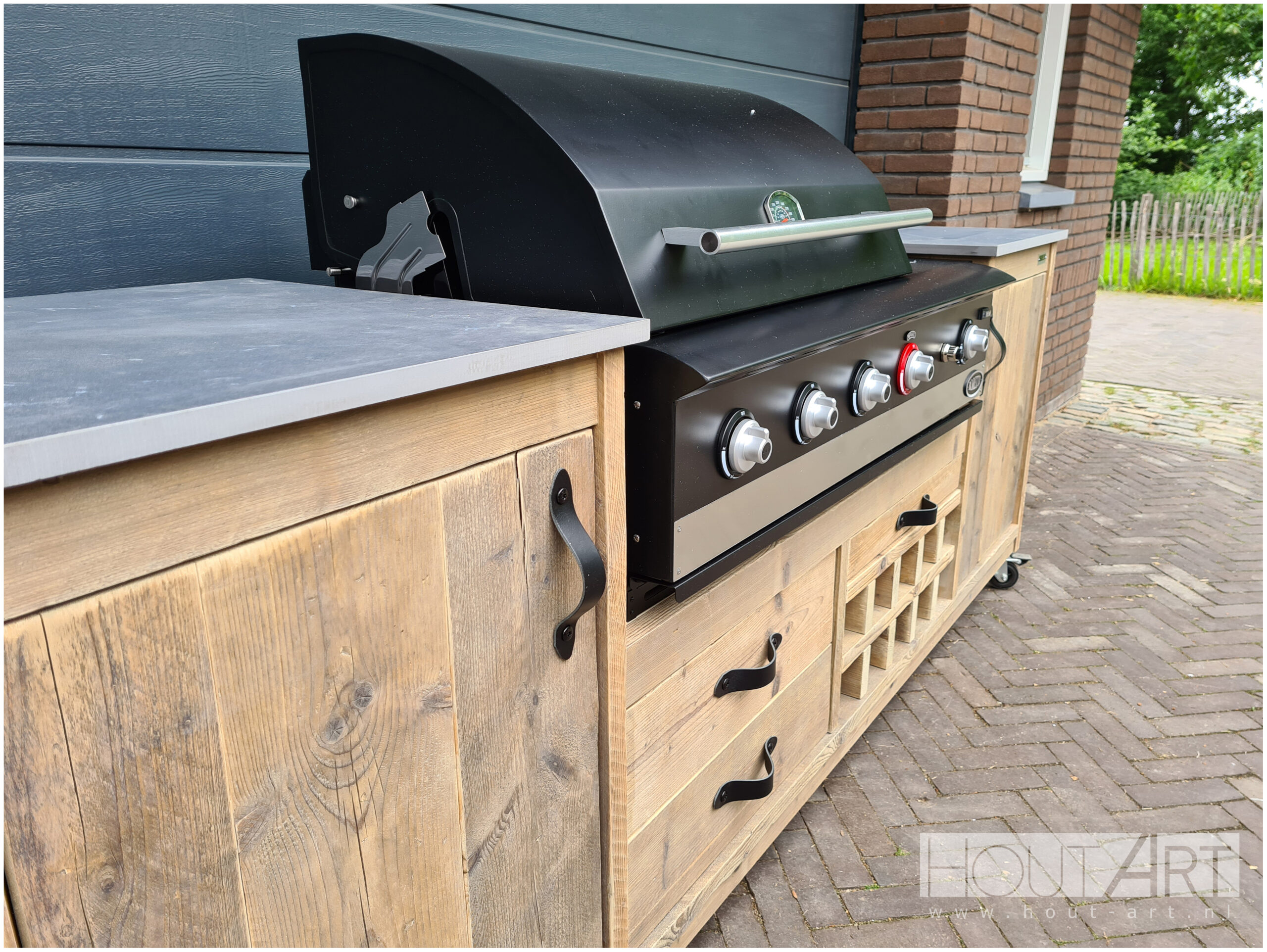 Leren handgreep breed wit of zwart gevlamd van Hout-Art.