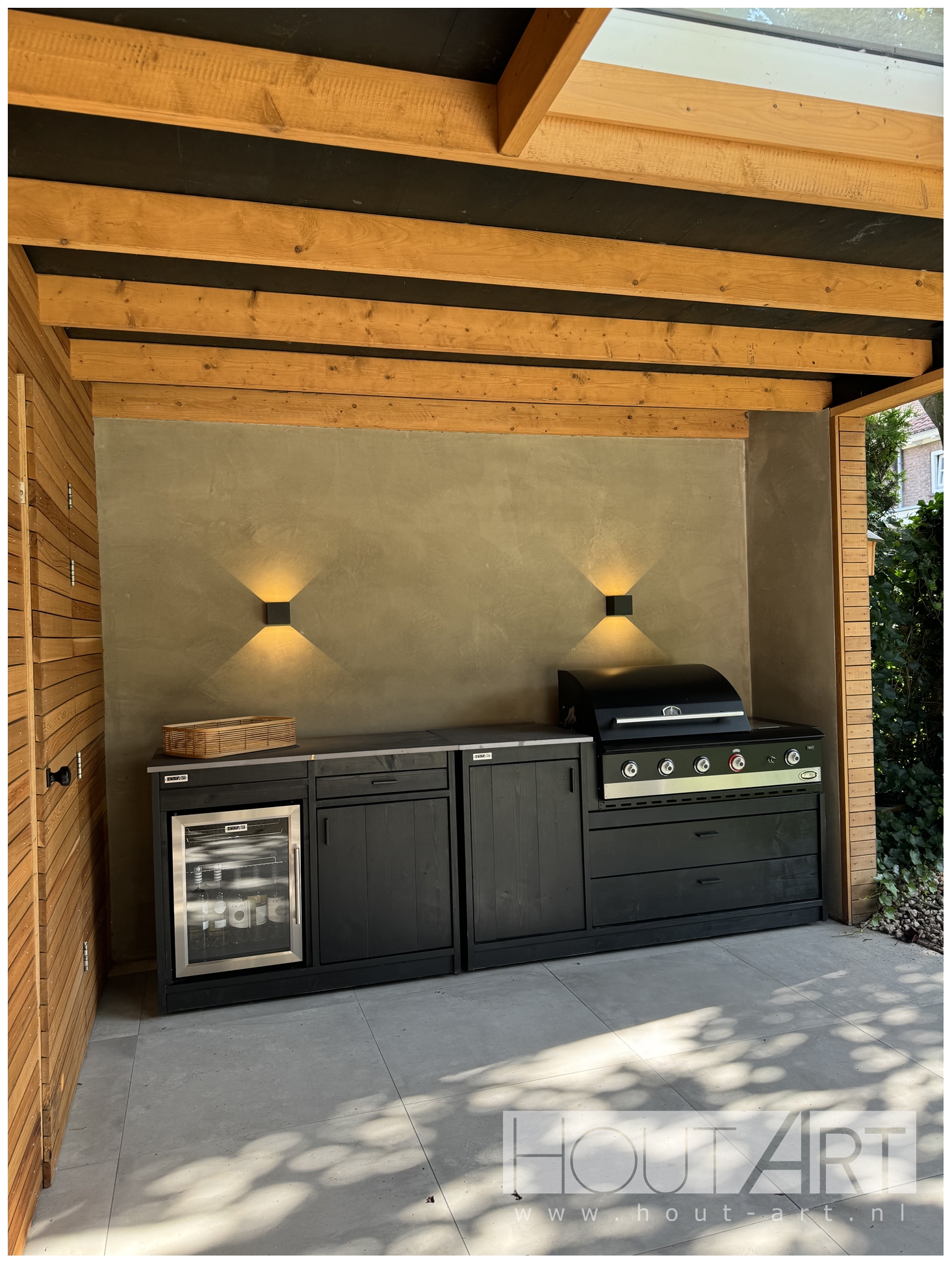 Buitenkeuken Boretti Ligorio en Ibrido Top van Hout-Art, mat zwart, met koelkast en keramische platen, BBQ, barbecue, kast, handgreep.