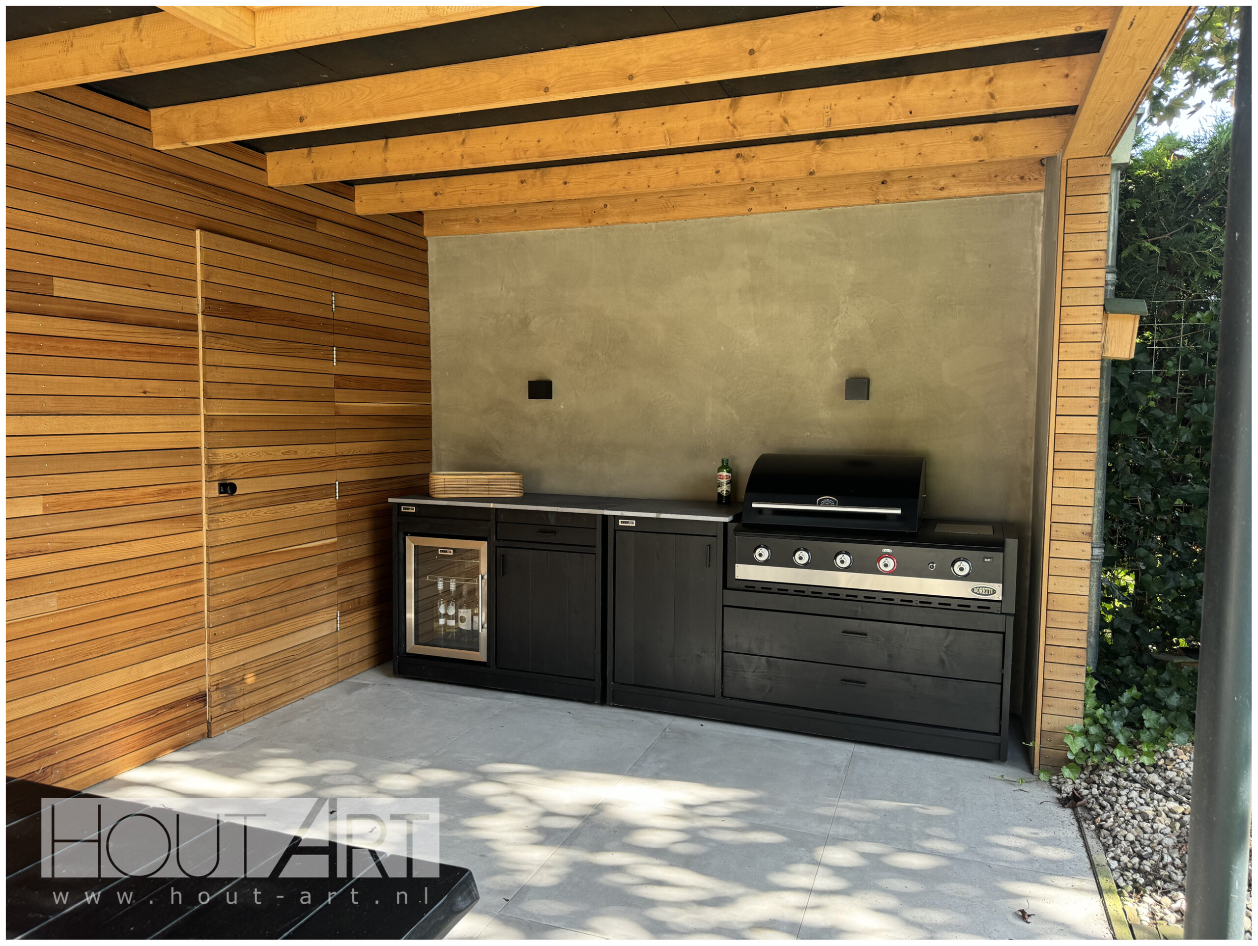 Buitenkeuken Boretti Ligorio en Ibrido Top van Hout-Art, mat zwart, met koelkast en keramische platen, BBQ, barbecue, kast, handgreep.