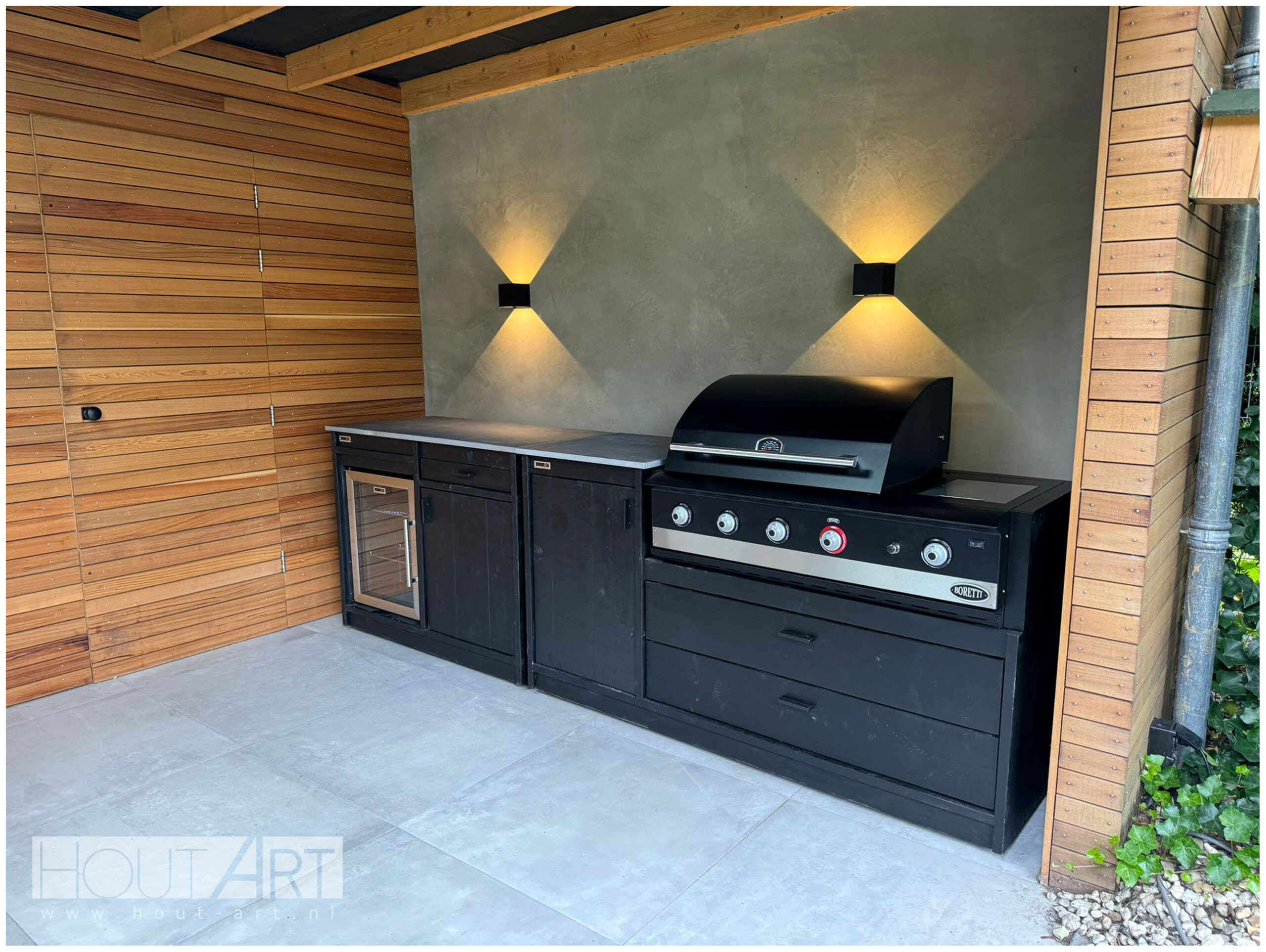 Buitenkeuken Boretti Ligorio en Ibrido Top van Hout-Art, mat zwart, met koelkast en keramische platen, BBQ, barbecue, kast, handgreep.