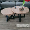 Salontafel set dubbele schuine u staal eiken rond van Hout-Art.