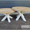 Salontafel set dubbele kruispoot staal eiken rond van Hout-Art.