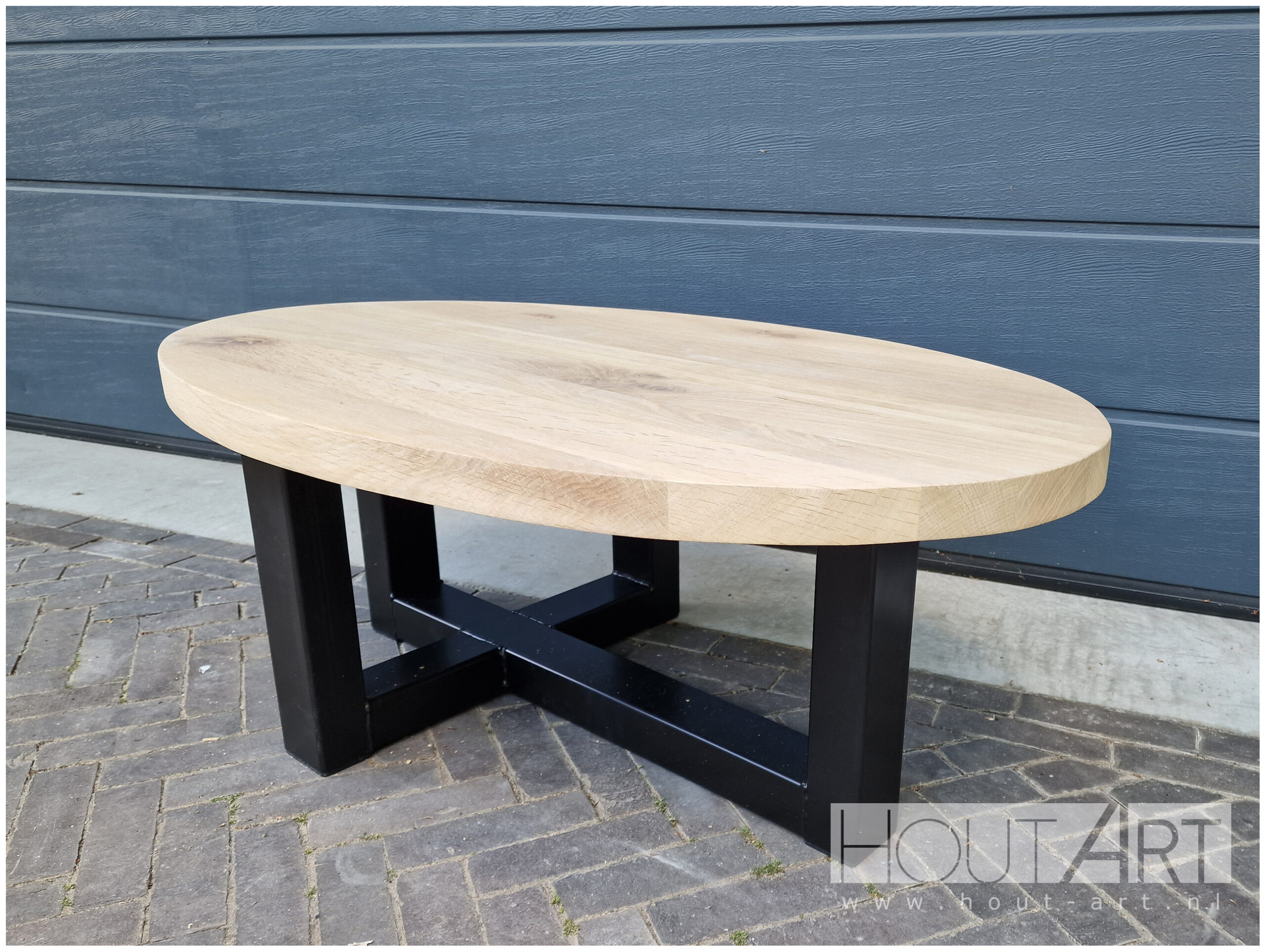 Salontafel ovaal dubbele u asymmetrisch met massief eiken van Hout-Art.