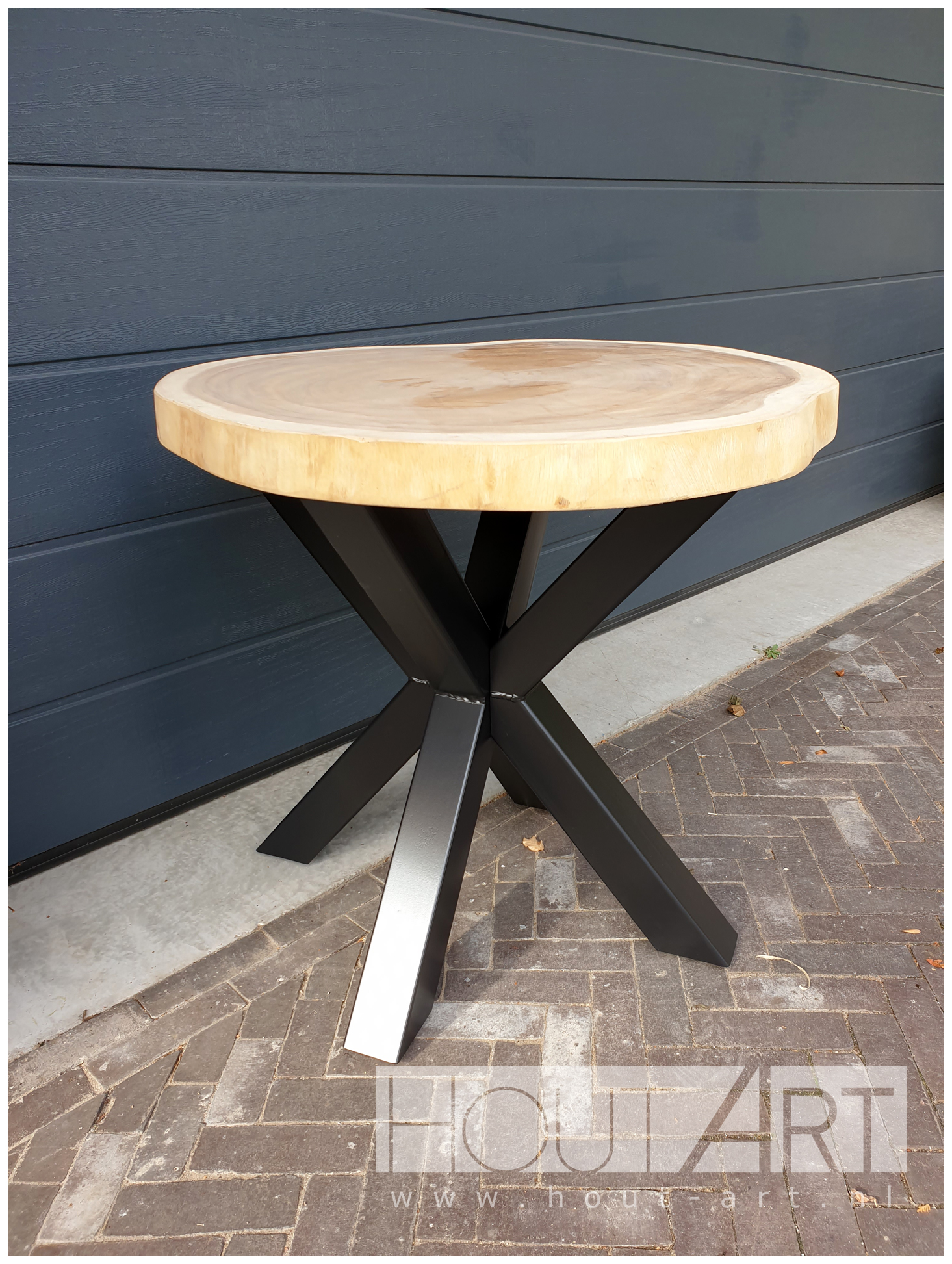 Bijzettafel dubbele kruispoot staal met suar van Hout-Art.