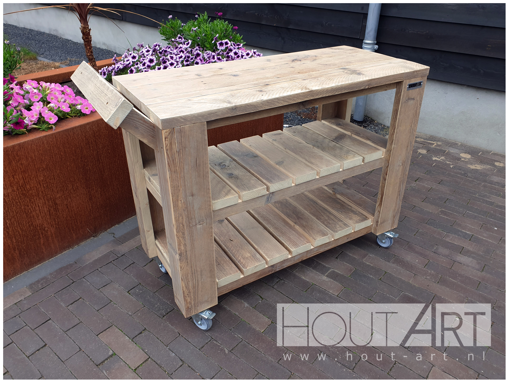 Sidetable luxe steigerhout, trolley met latjes van Hout-Art.