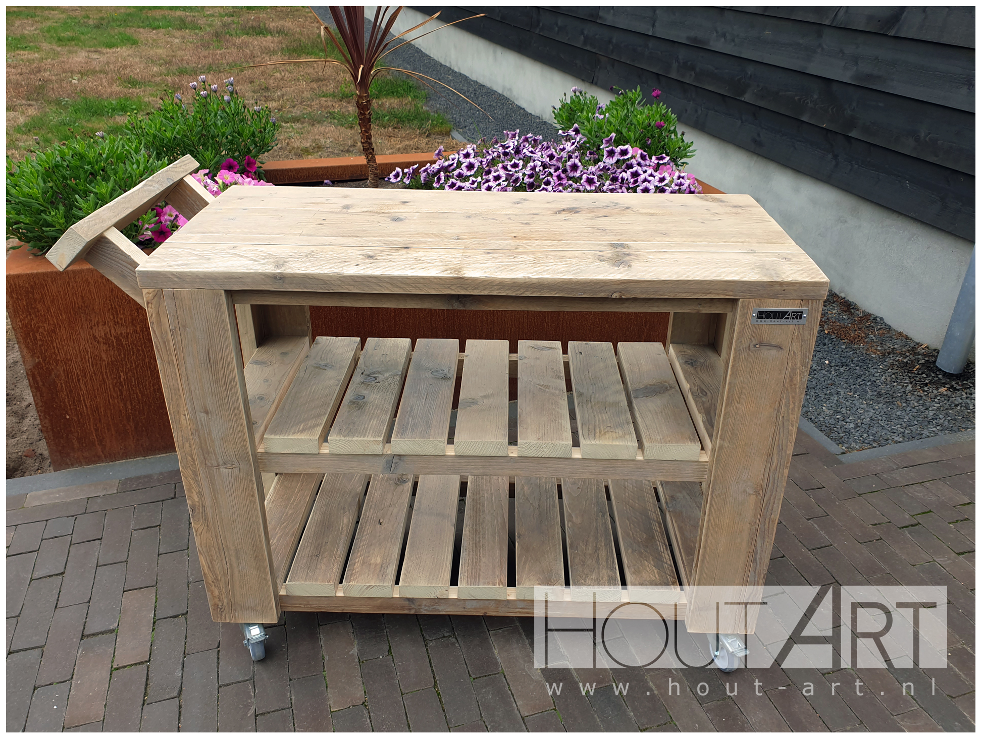 Sidetable luxe steigerhout, trolley met latjes van Hout-Art.