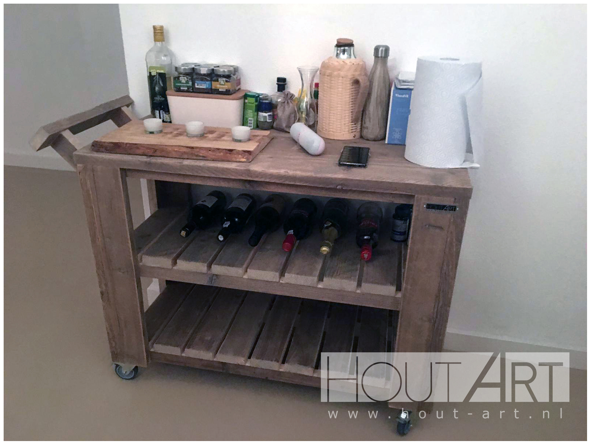 Sidetable luxe steigerhout, trolley met latjes van Hout-Art.