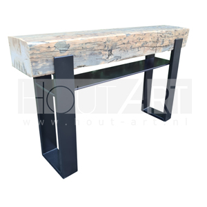 Sidetable stalen u-poot oud eiken spoorbiels en stalen legplank