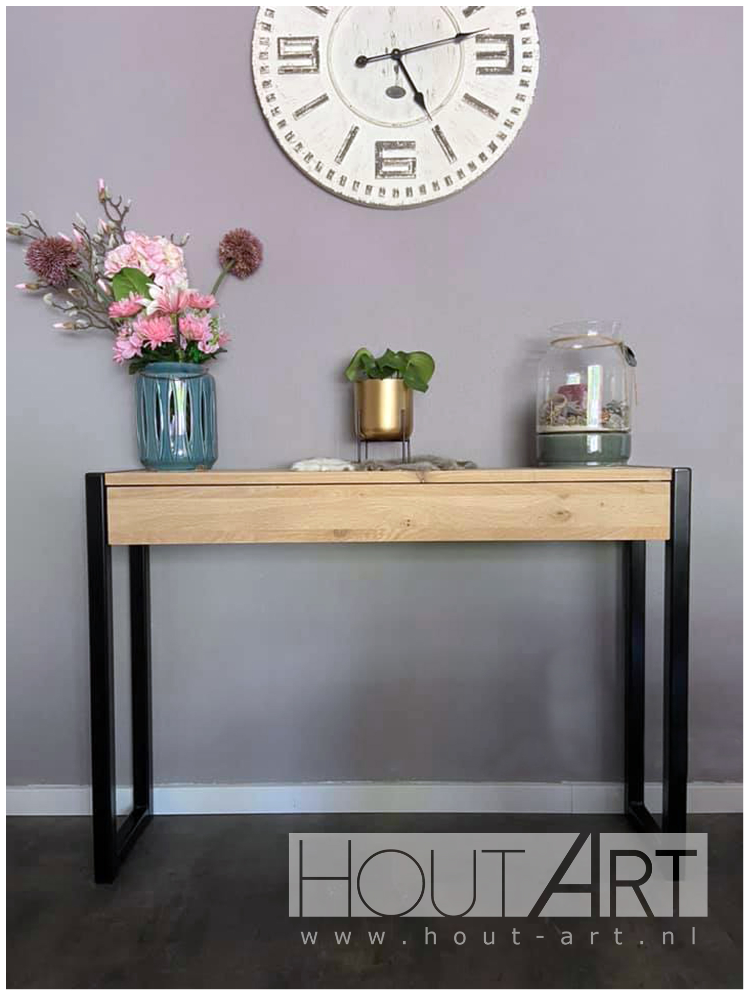 Sidetable stalen u-poot met lades eiken van Hout-Art.