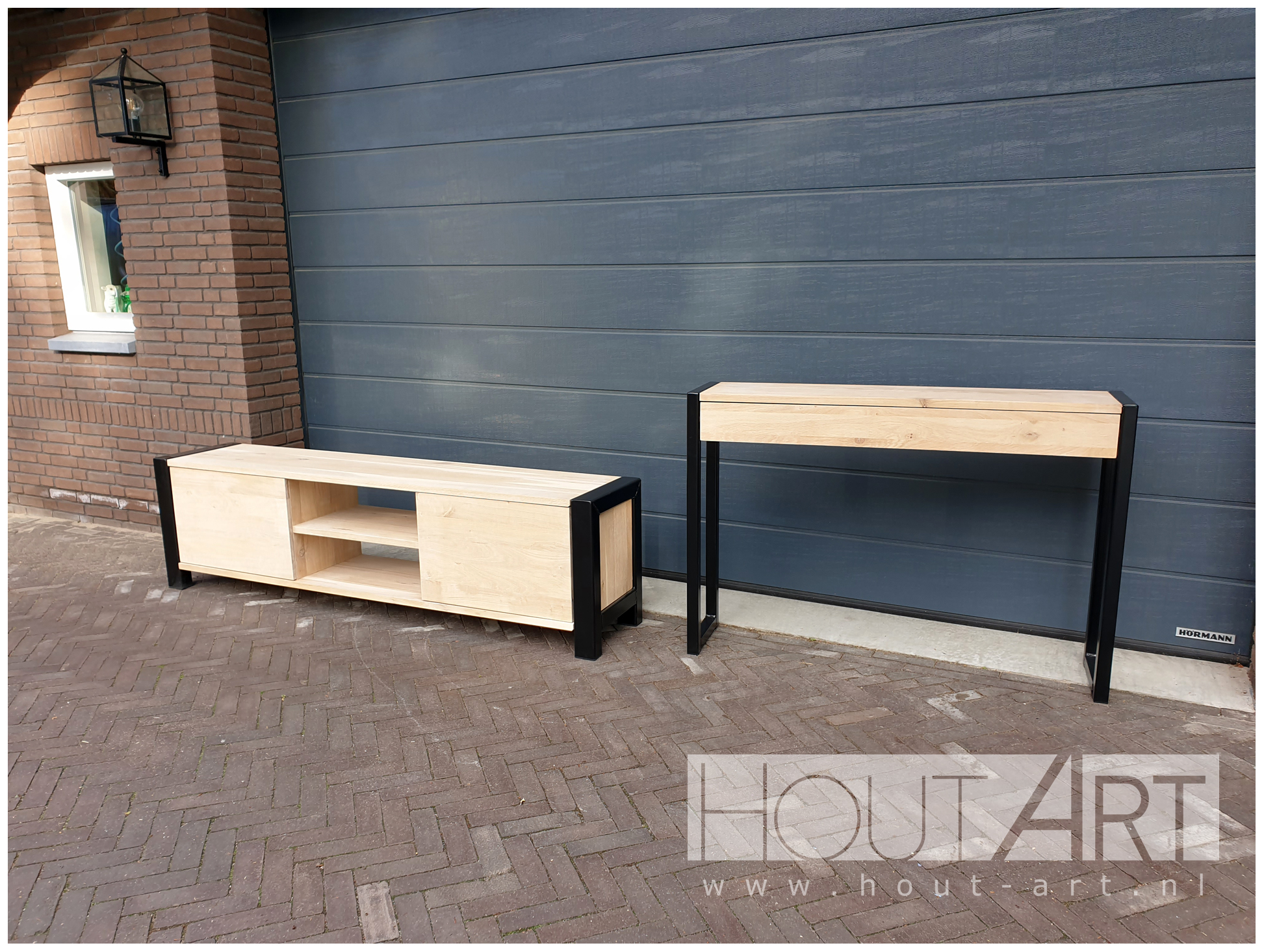 Sidetable stalen u-poot met lades eiken van Hout-Art.