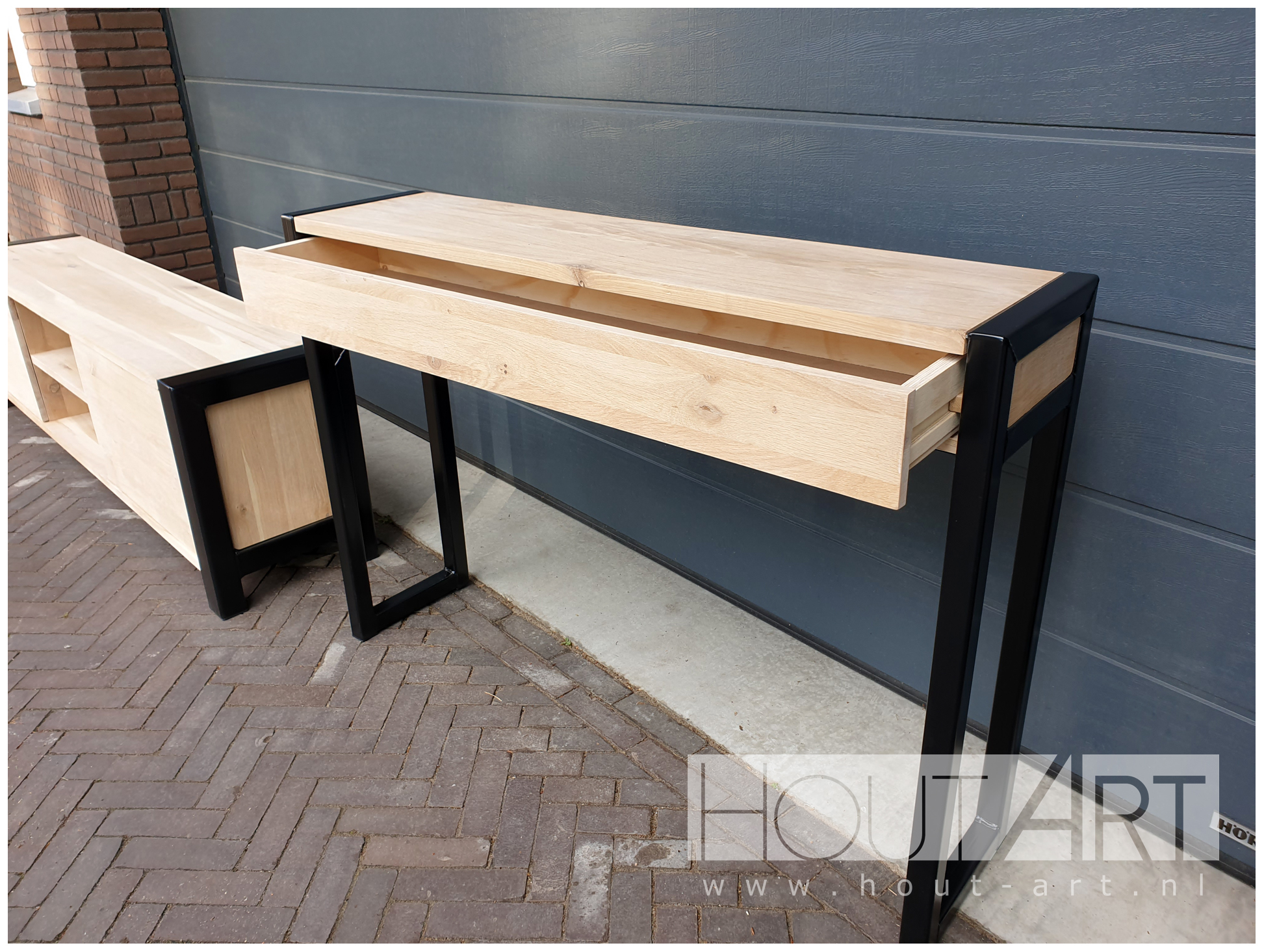 Sidetable stalen u-poot met lades eiken van Hout-Art.