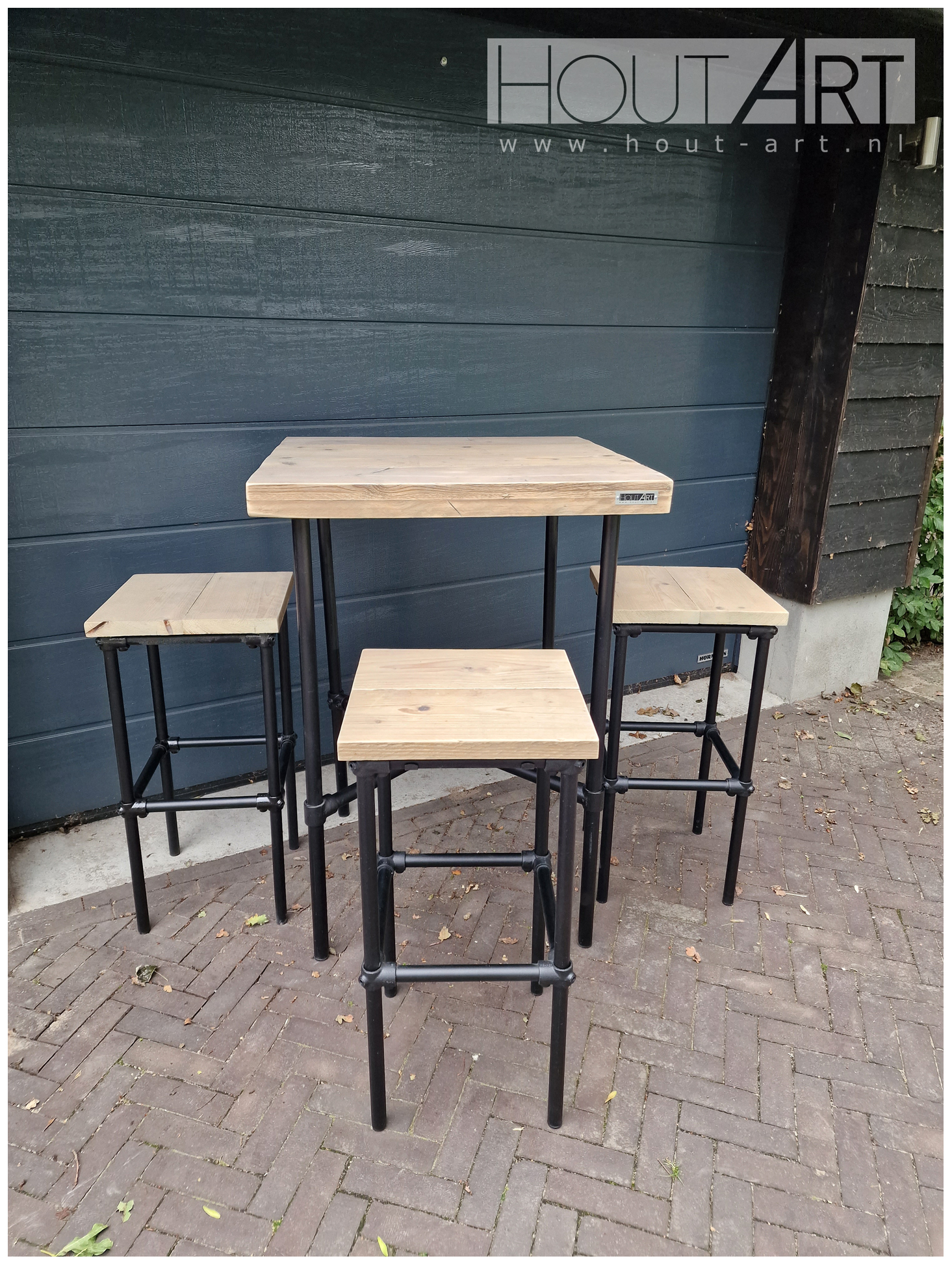 Bartafel zwarte steigerbuis luxe met steigerbuis van Hout-Art, barkrukken, houtart.