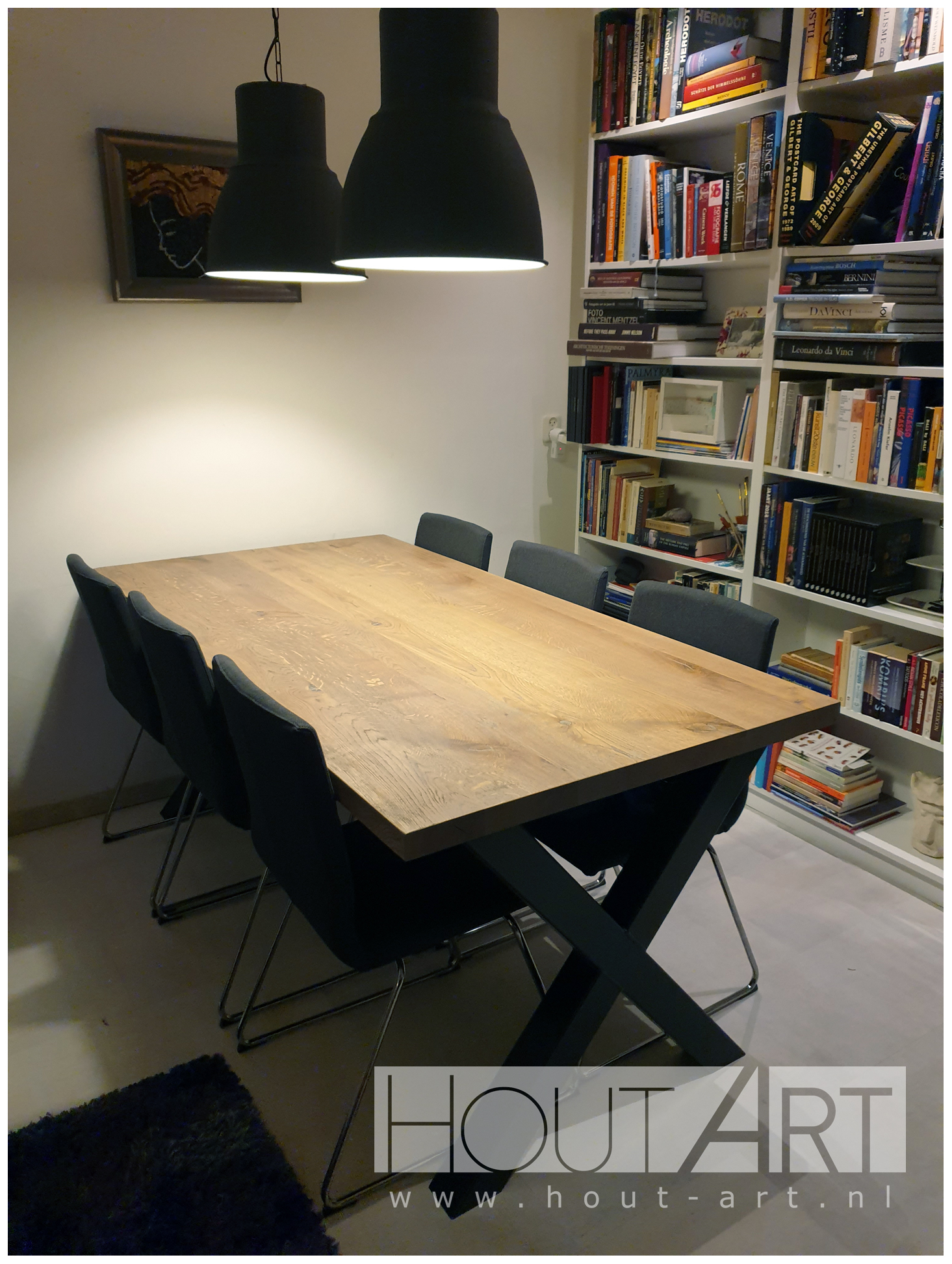 Tafel X-poot staal met massief eiken van Hout-Art.