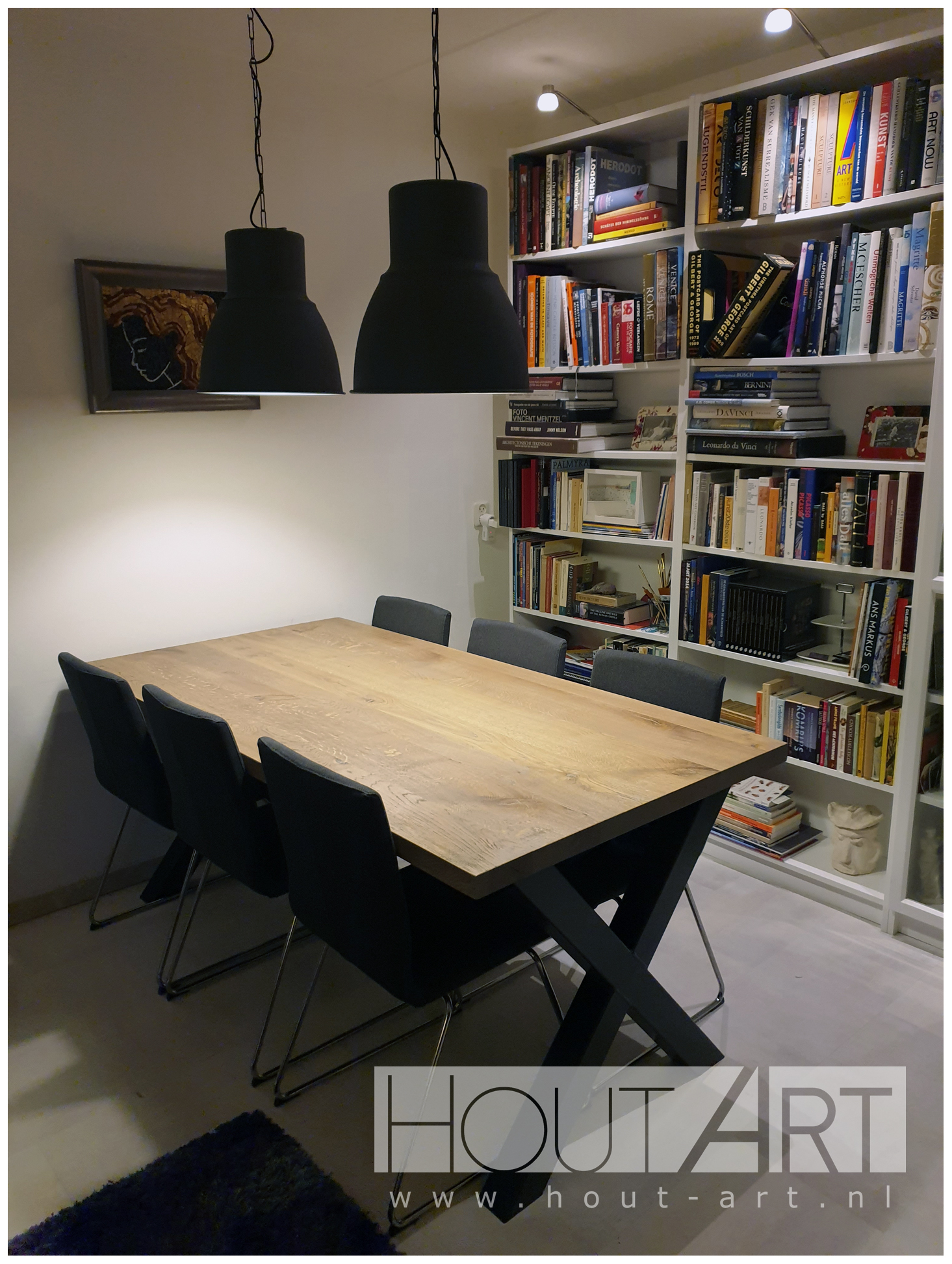 Tafel X-poot staal met massief eiken van Hout-Art.