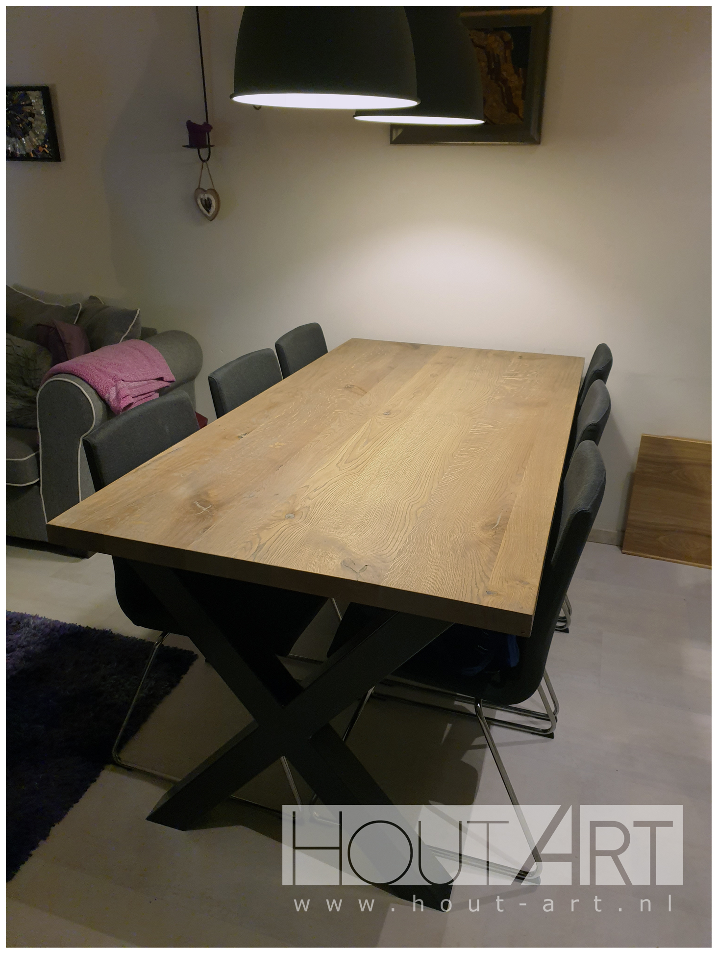 Tafel X-poot staal met massief eiken van Hout-Art.