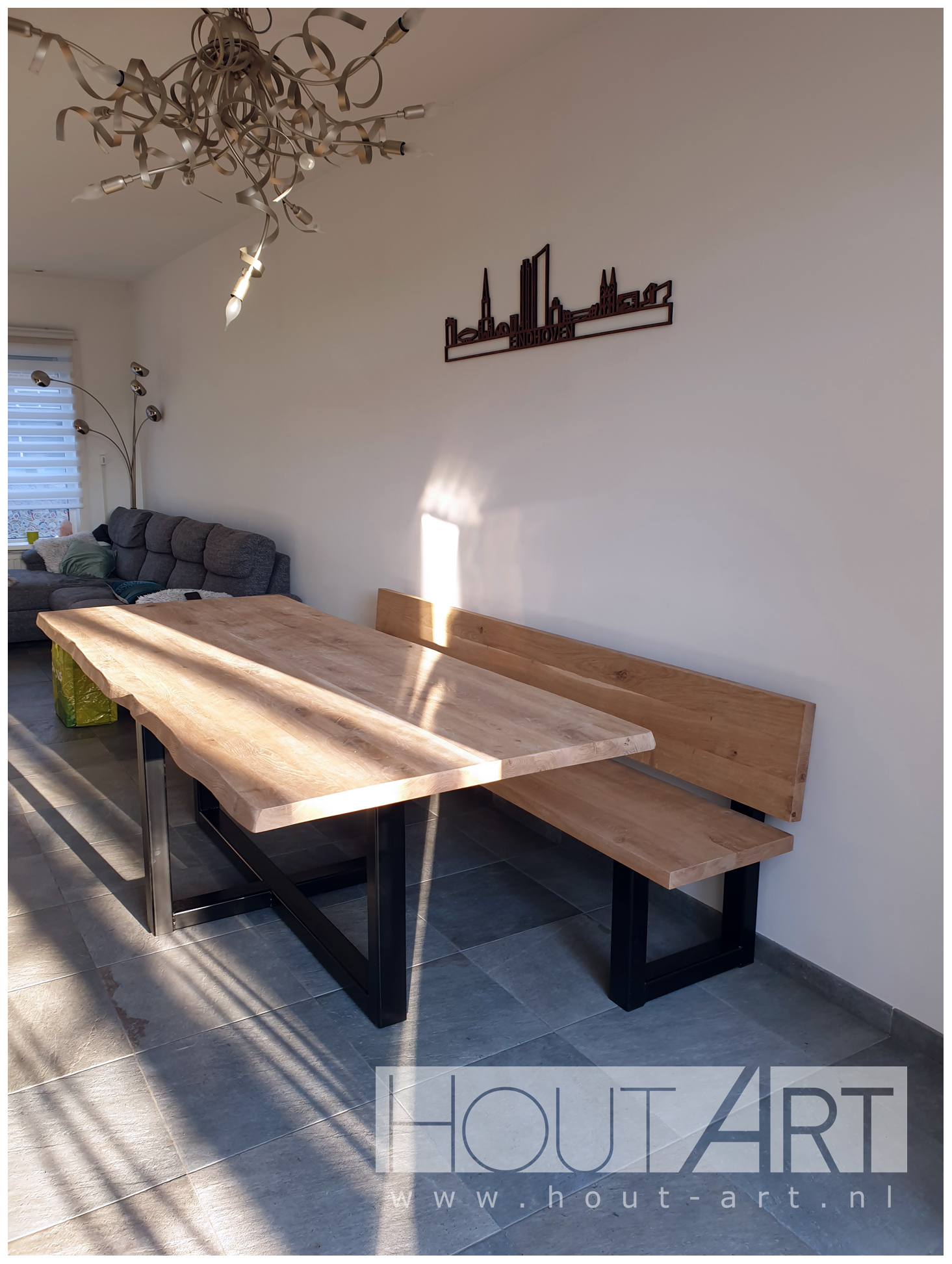 Bank u-poot rugleuning staal met massief eiken van Hout-Art.