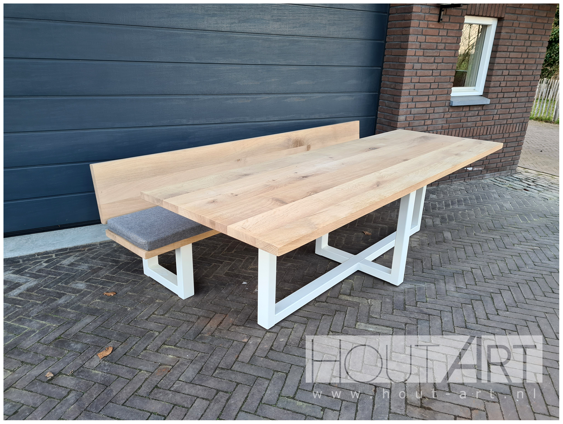 Bank u-poot rugleuning staal met massief eiken van Hout-Art.