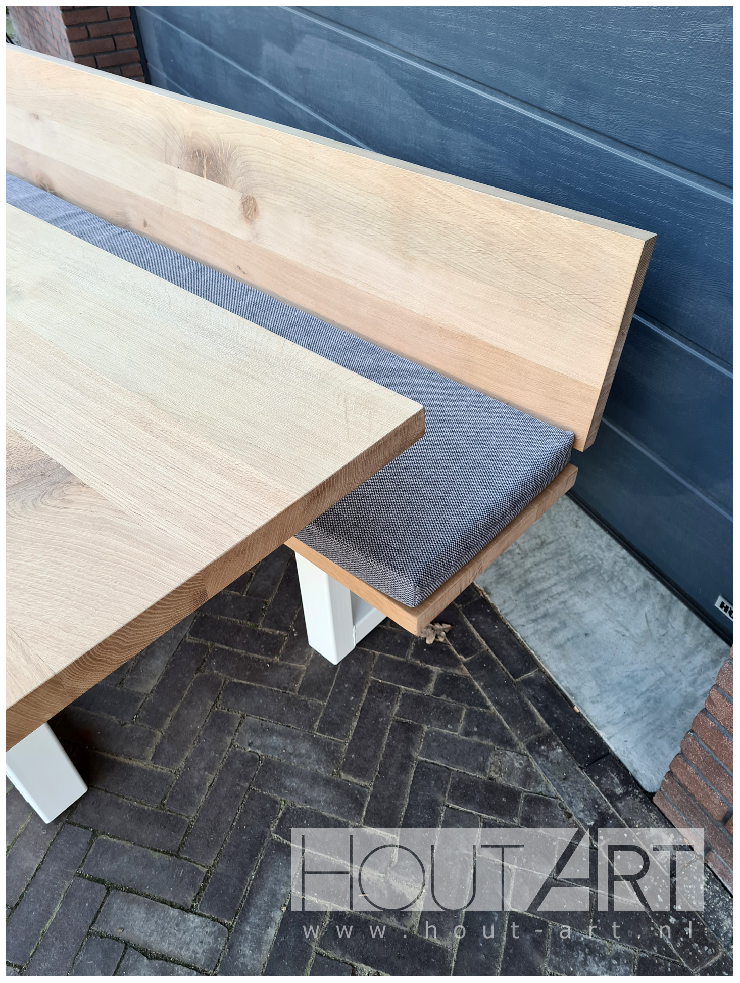 Bank u-poot rugleuning staal met massief eiken van Hout-Art.