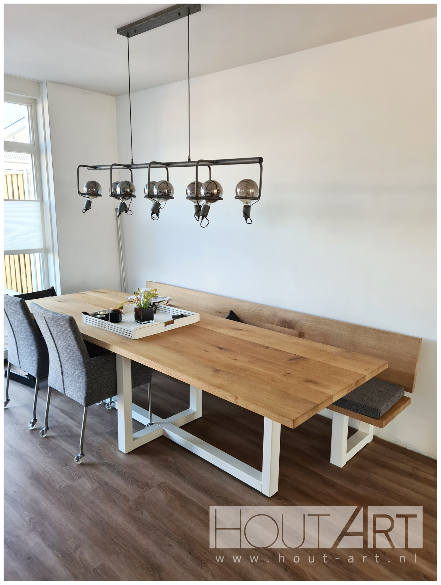 Bank u-poot rugleuning staal met massief eiken van Hout-Art.