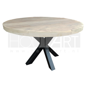 Tafel rond dubbele kruispoot staal met steigerhout